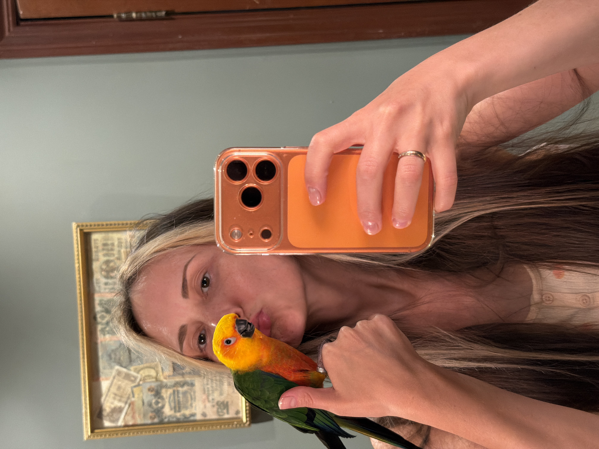 Woman takes selfies with colorful parrot in Khimki bathroom