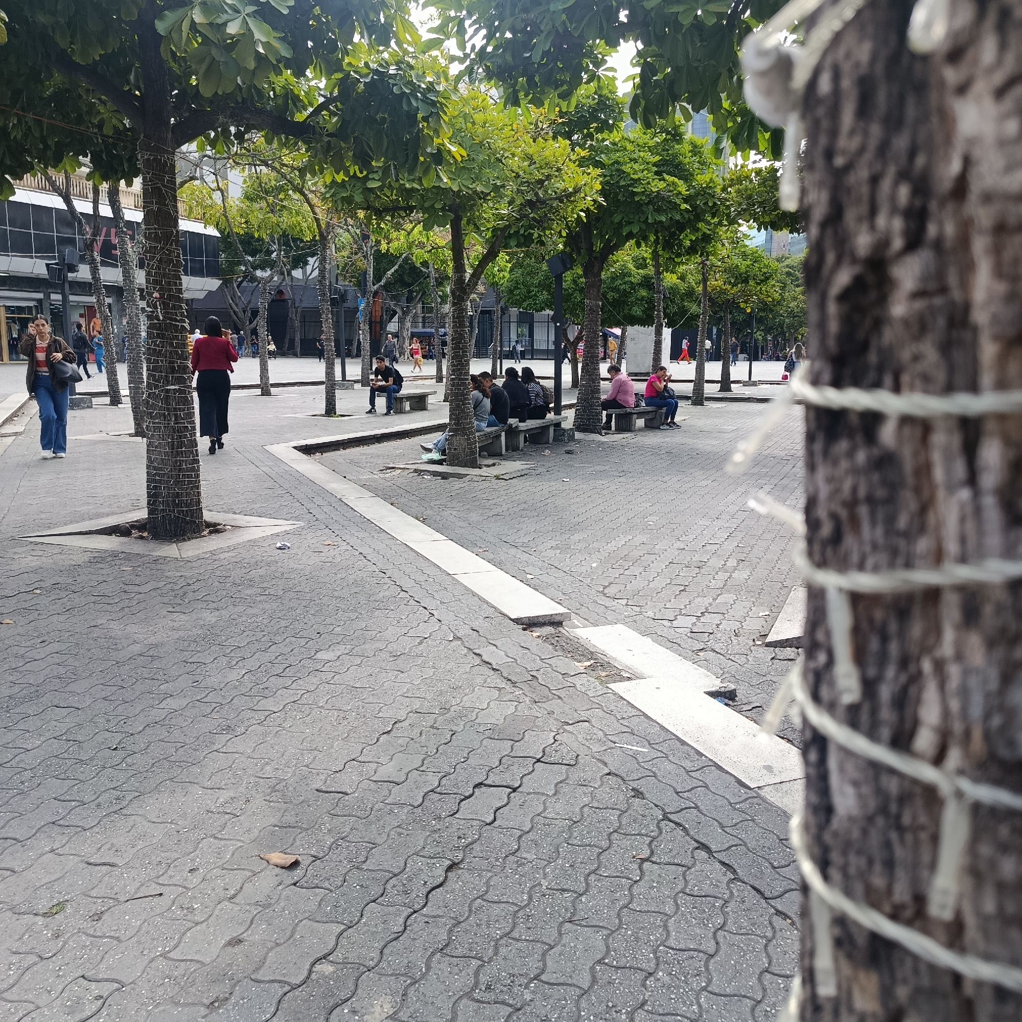 Caracas plaza with modern metallic sculpture observed during clear afternoon