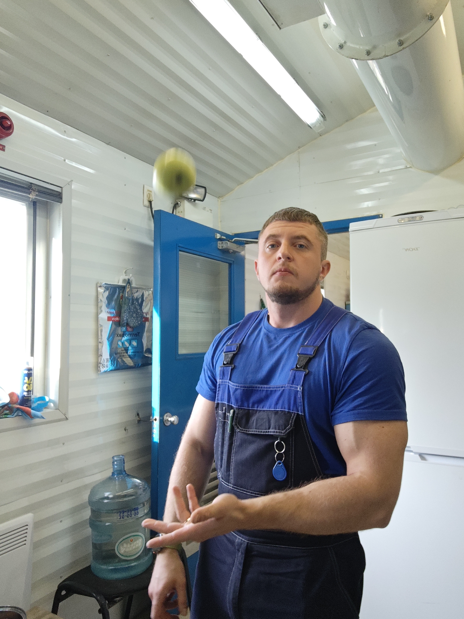 Worker spotted in industrial break room facility