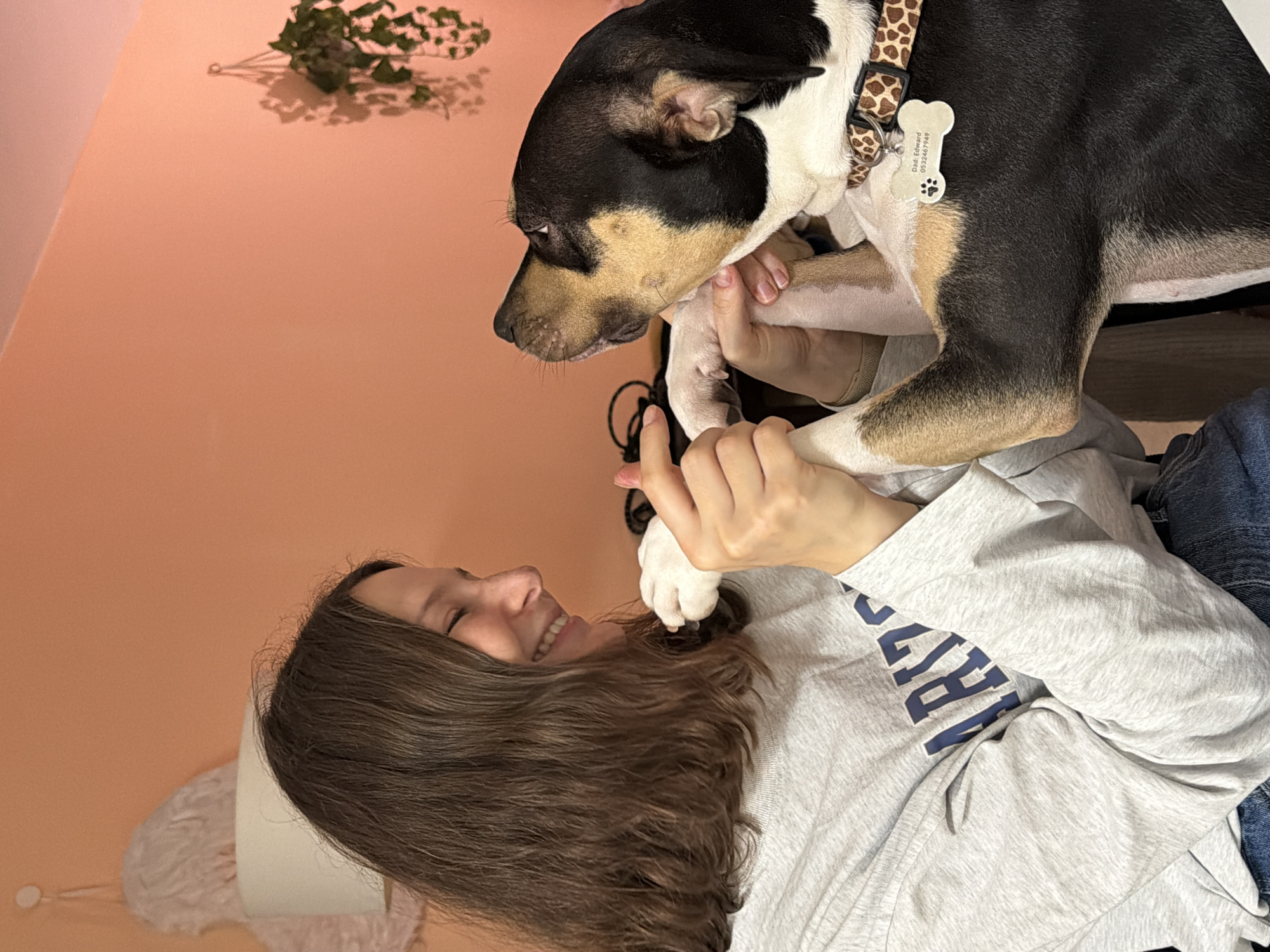 Woman plays with dogs at home in Tel Aviv
