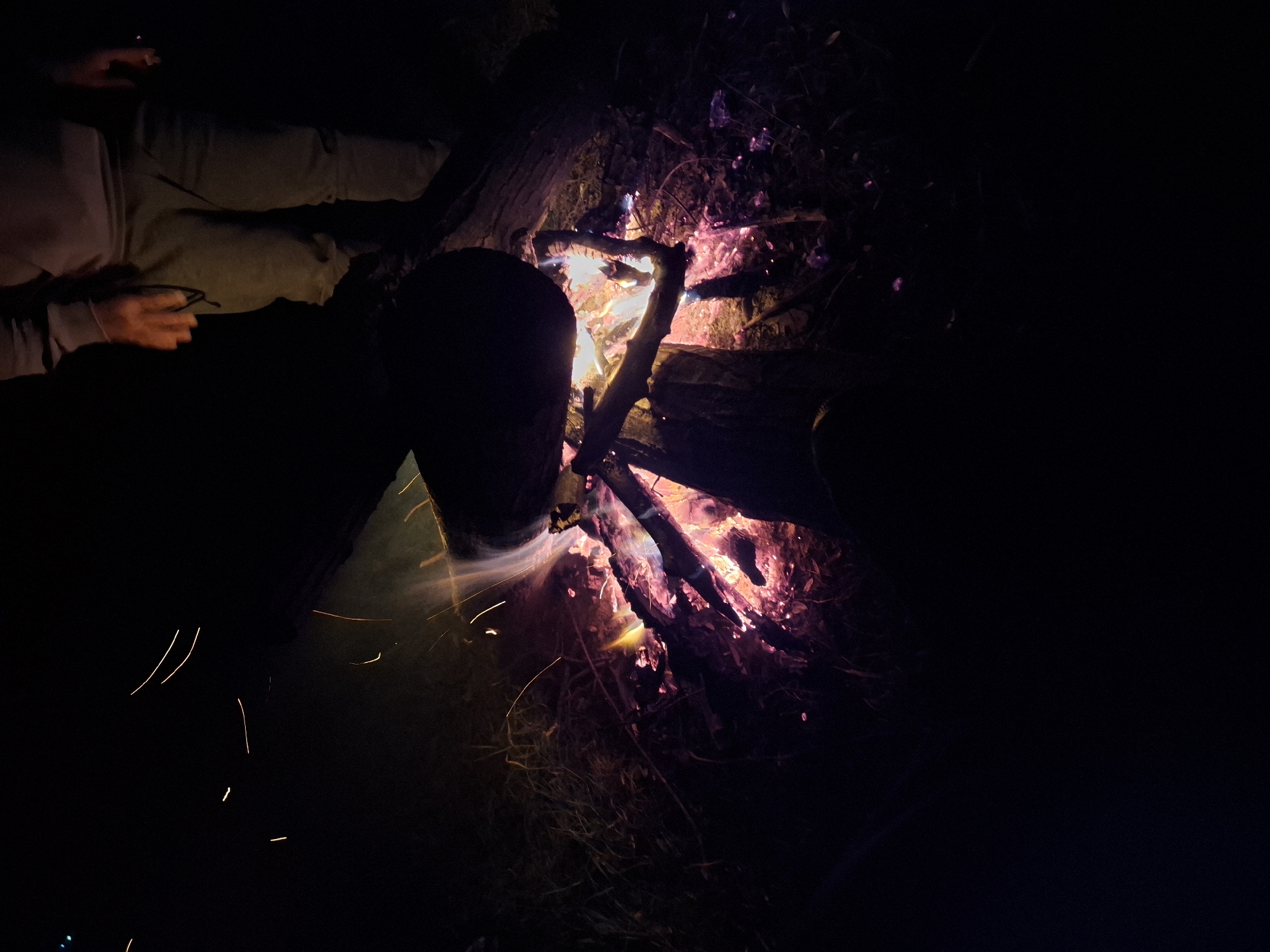 Nighttime campfire scene with person present, flames visible