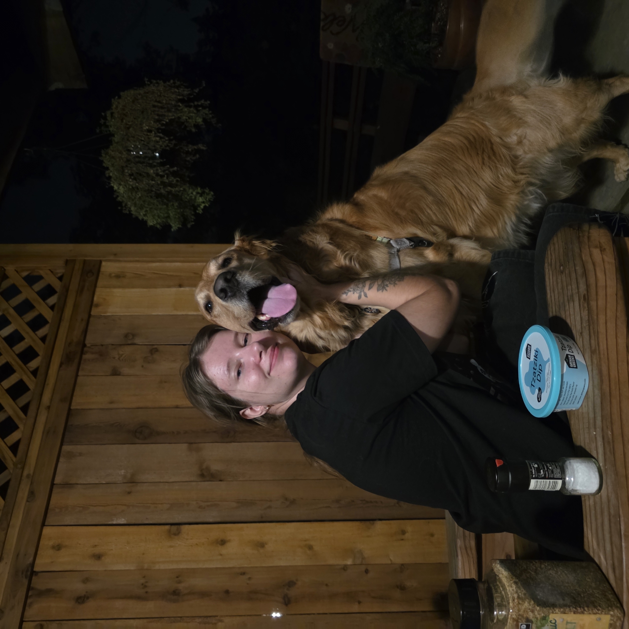 Golden retriever's Portland morning, bench cuddles to mirror moment