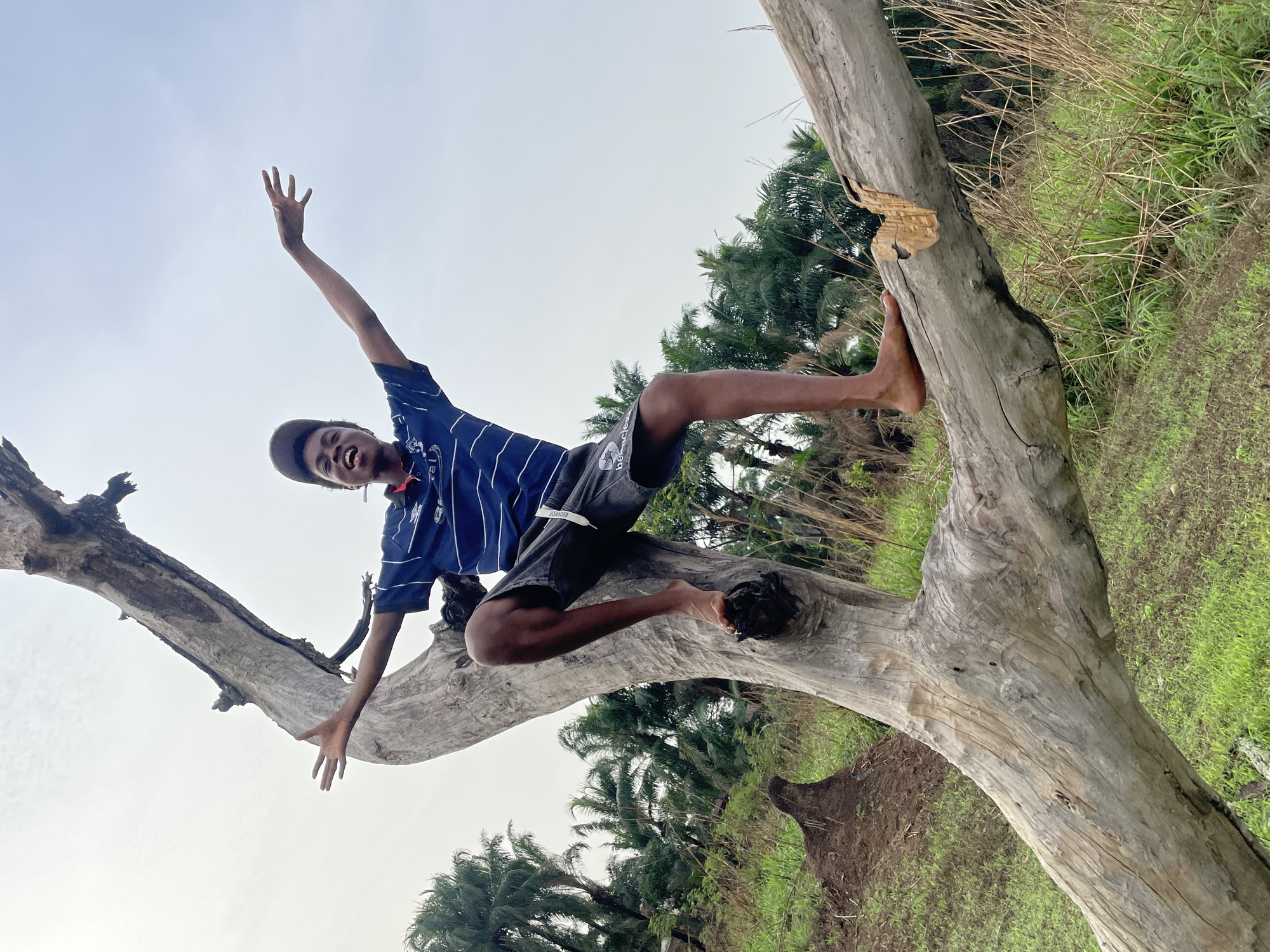 Young man plays on fallen tree in rural Nigeria