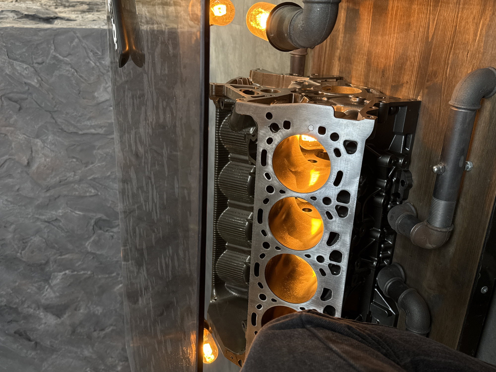 Engine block repurposed as illuminated decorative table in Russia