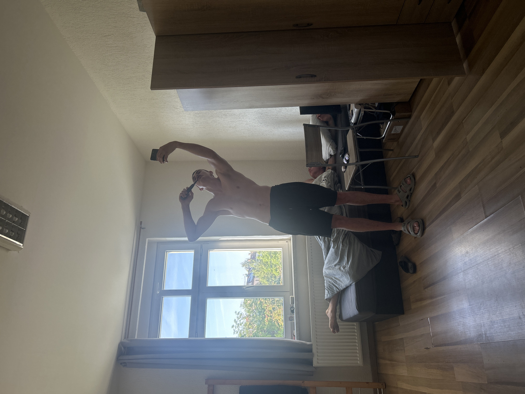 Morning routine in a Pilsen bedroom, grooming and getting ready