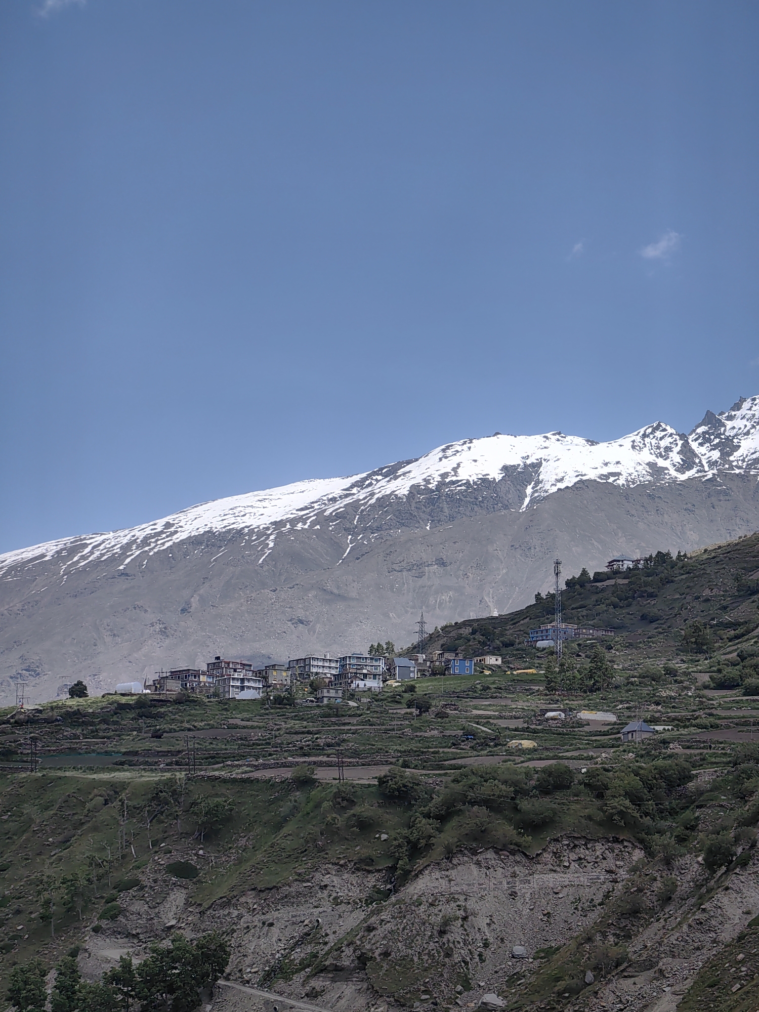 Himalayan village life: terraced fields, river valley, and snowy peaks