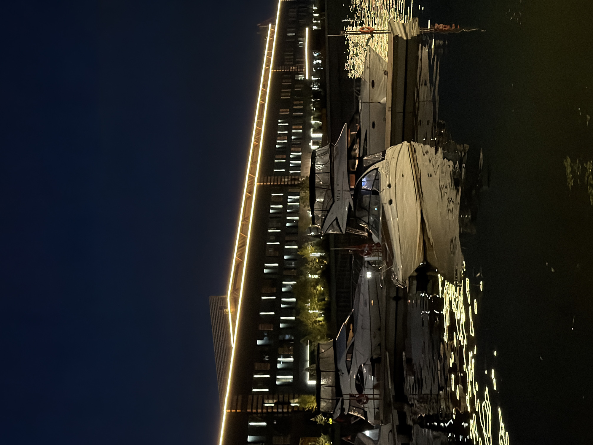 Moscow waterfront at night — marina, domes, and city architecture