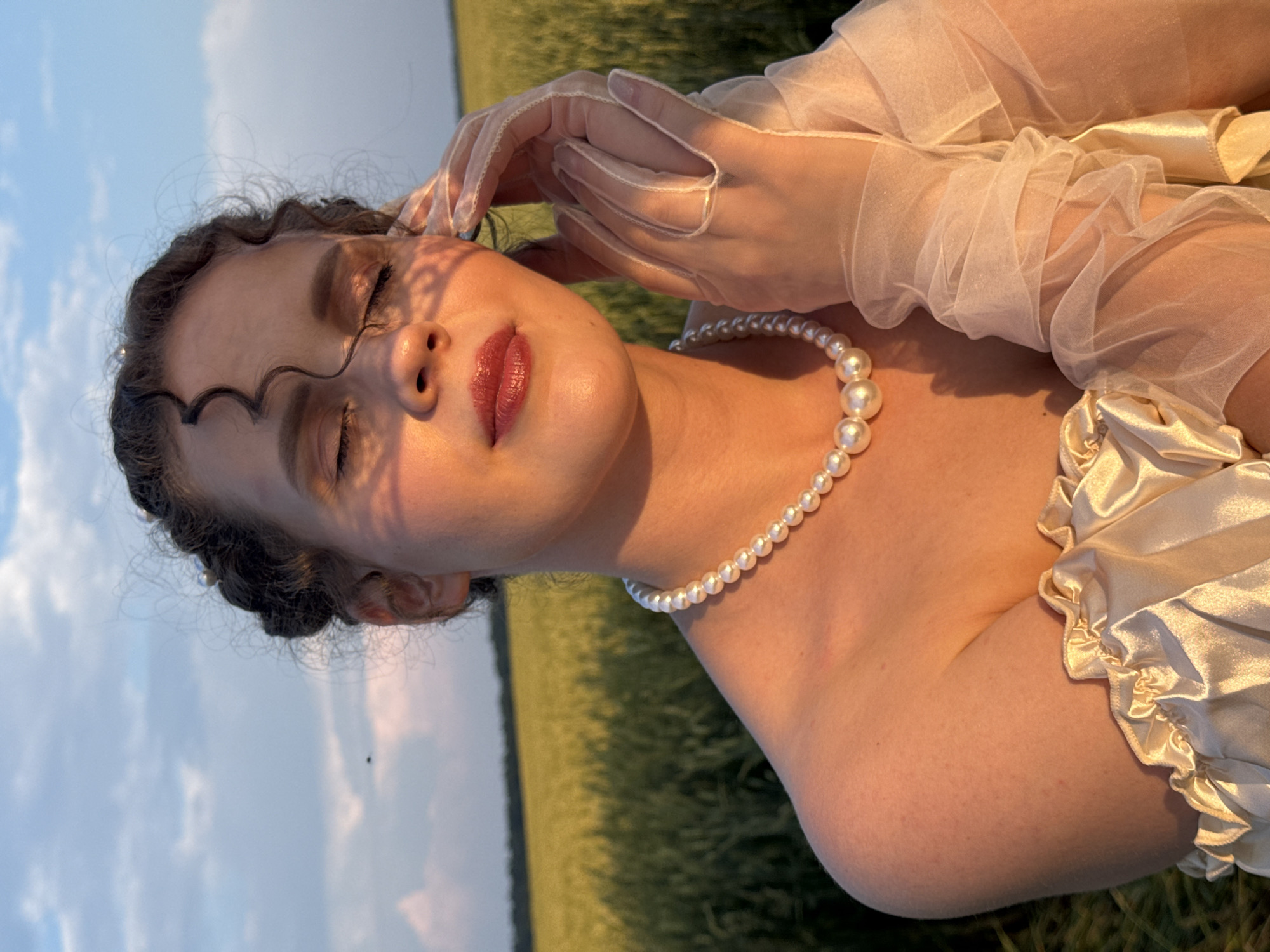 Pearl-adorned portraits from a formal shoot in rural Russia