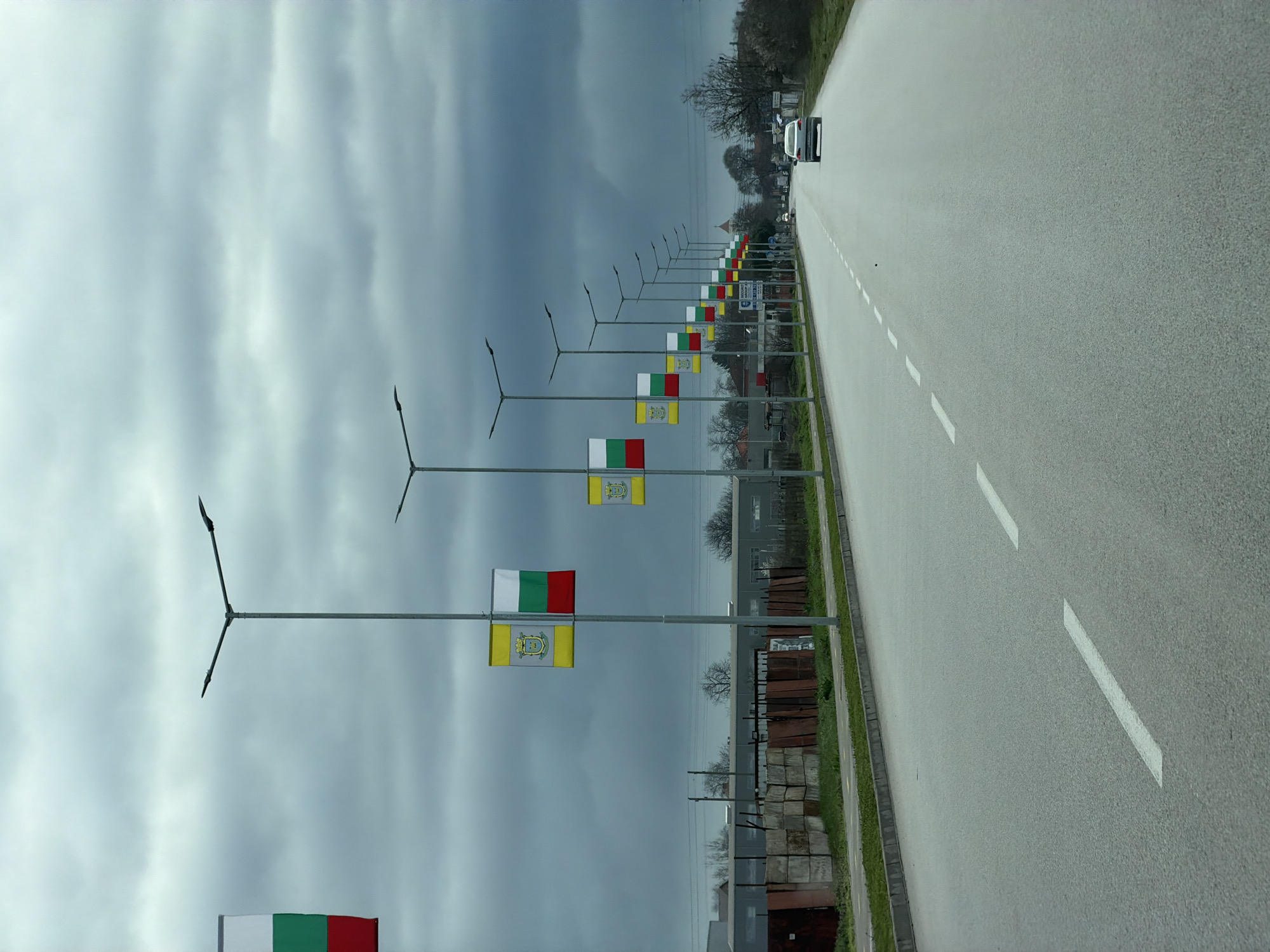 Bulgarian and Rakovski flags line street in Bulgaria