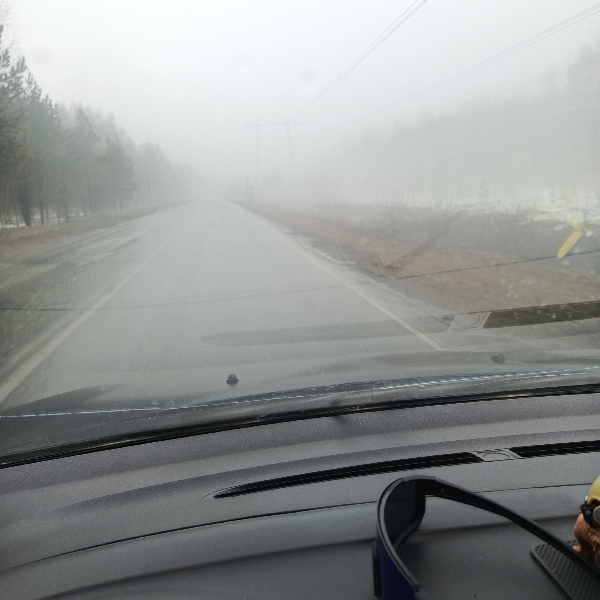 Heavy fog reduces visibility on wet road near Chaikovsky