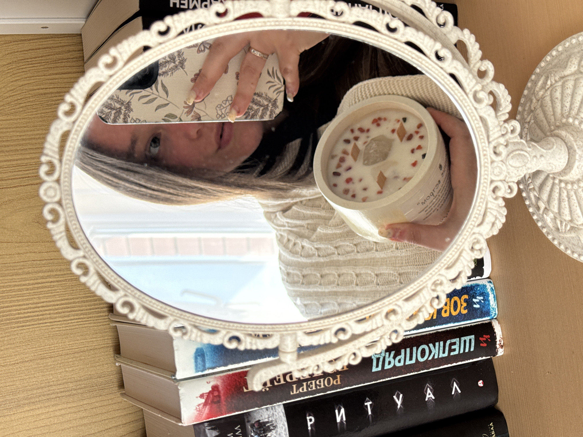 Mirror selfie with decorative candle captured in Krasnodar, Russia