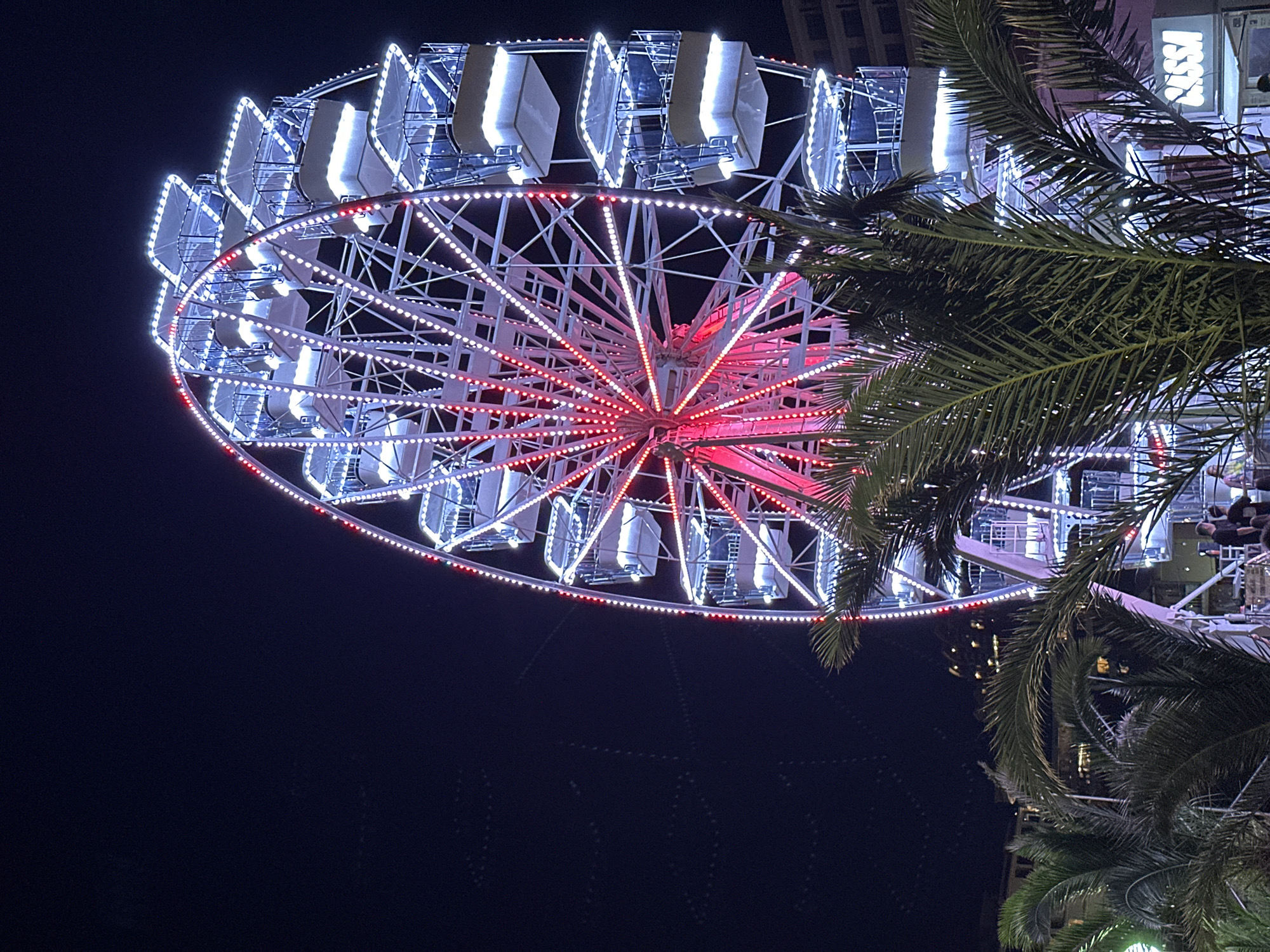 Budva promenade at night: Ferris wheel, crowds, and seashells