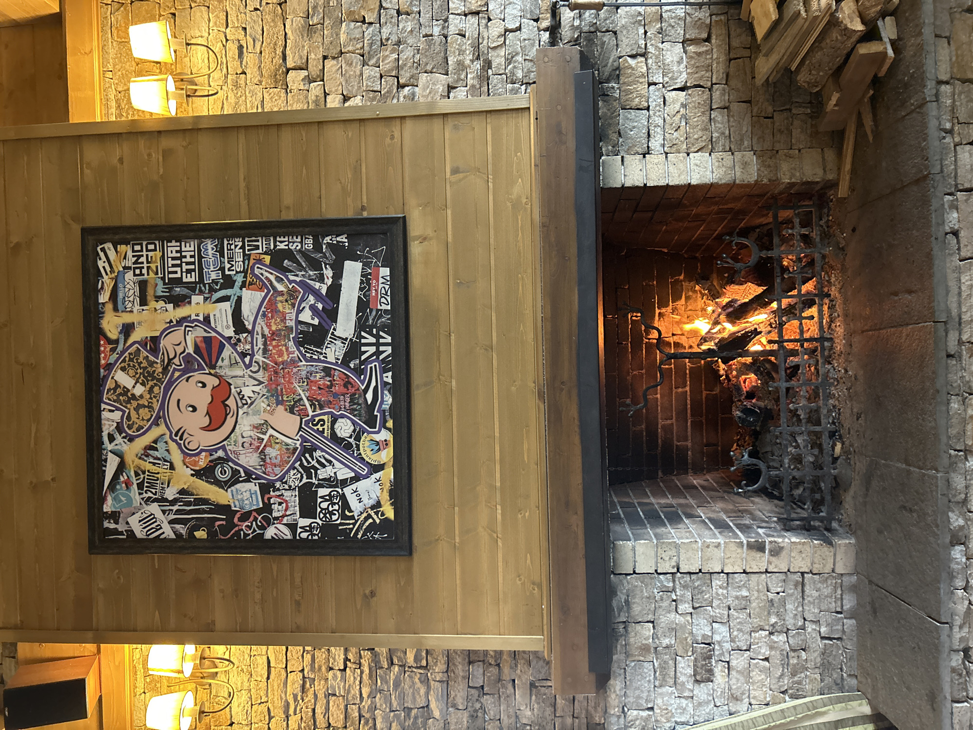 Indoor scene with alcohol display, fireplace documented in Razlog
