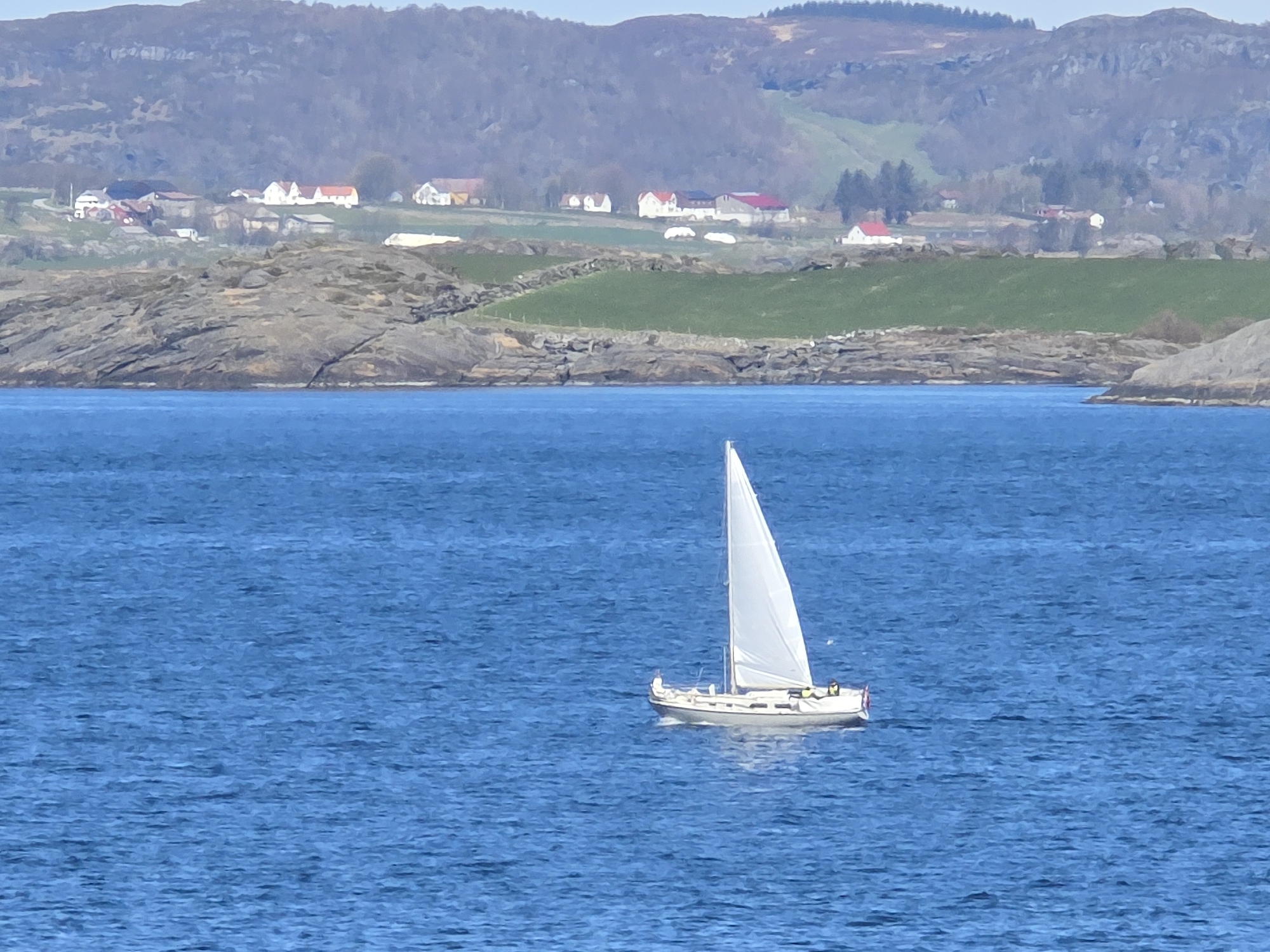 White-sailed boat spotted on Norwegian fjord waters near Randaberg