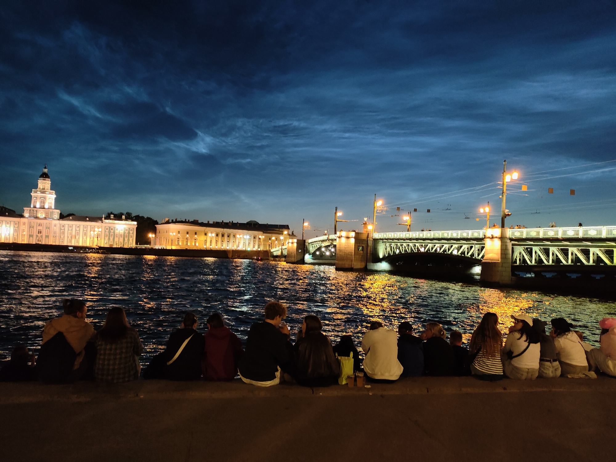Palace Bridge raised on the Neva, crowds watching from the embankment