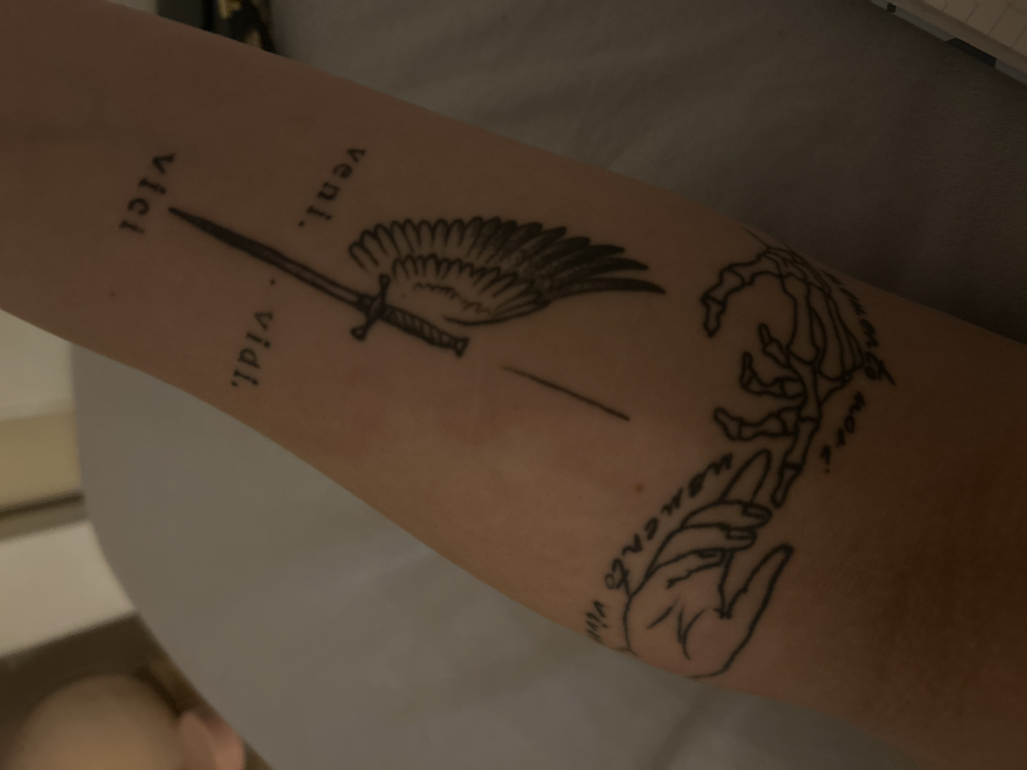 Forearm tattoo with winged sword and Latin phrase displayed in Plovdiv