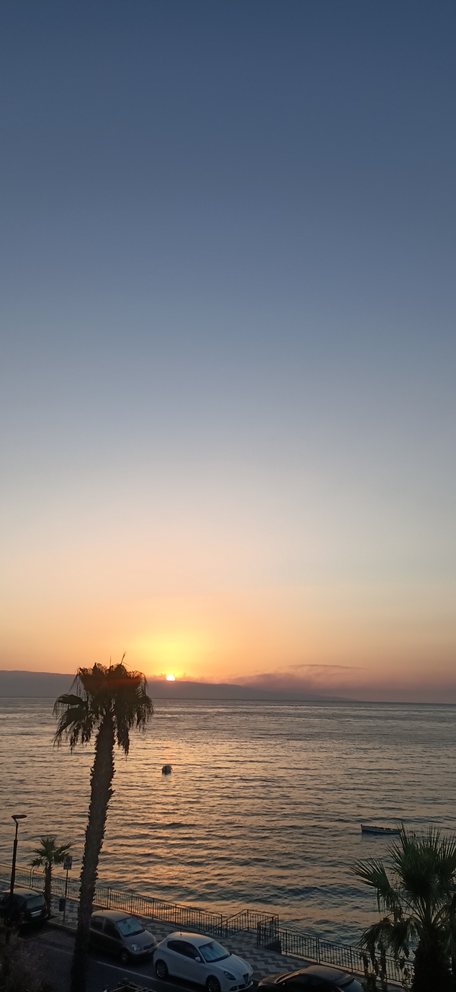 Palm-lined coast at golden hour, sea glowing at dusk