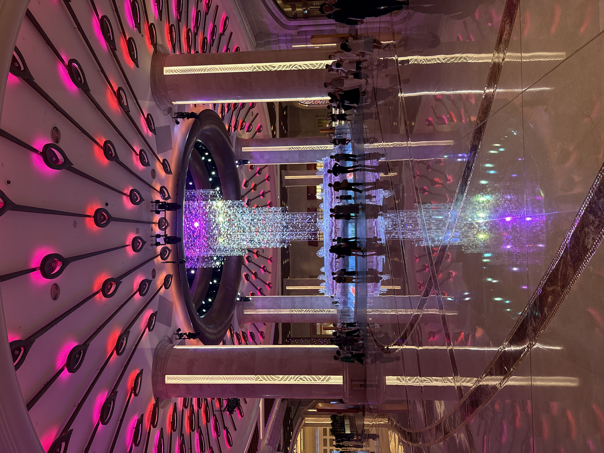 Ornate tiered fountain filmed in Macao luxury venue lobby
