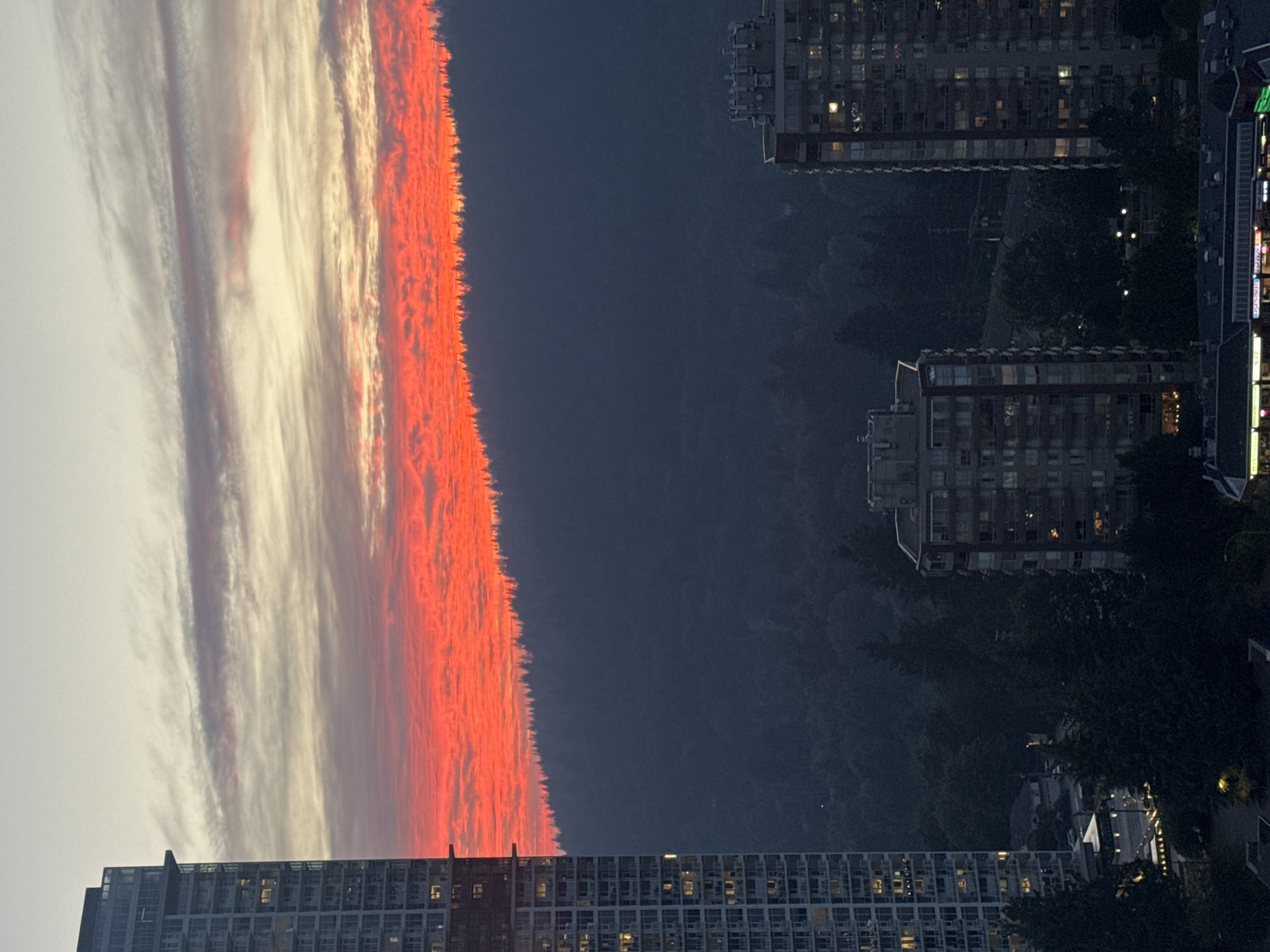 Coquitlam sunset behind forested hills and city towers