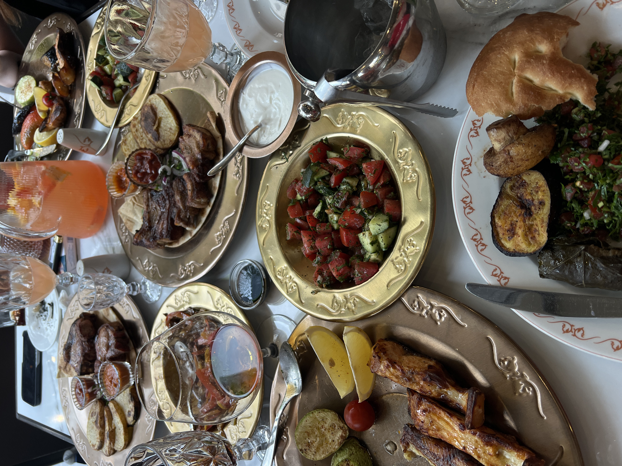 Restaurant meal spread in Yerevan features Mediterranean cuisine