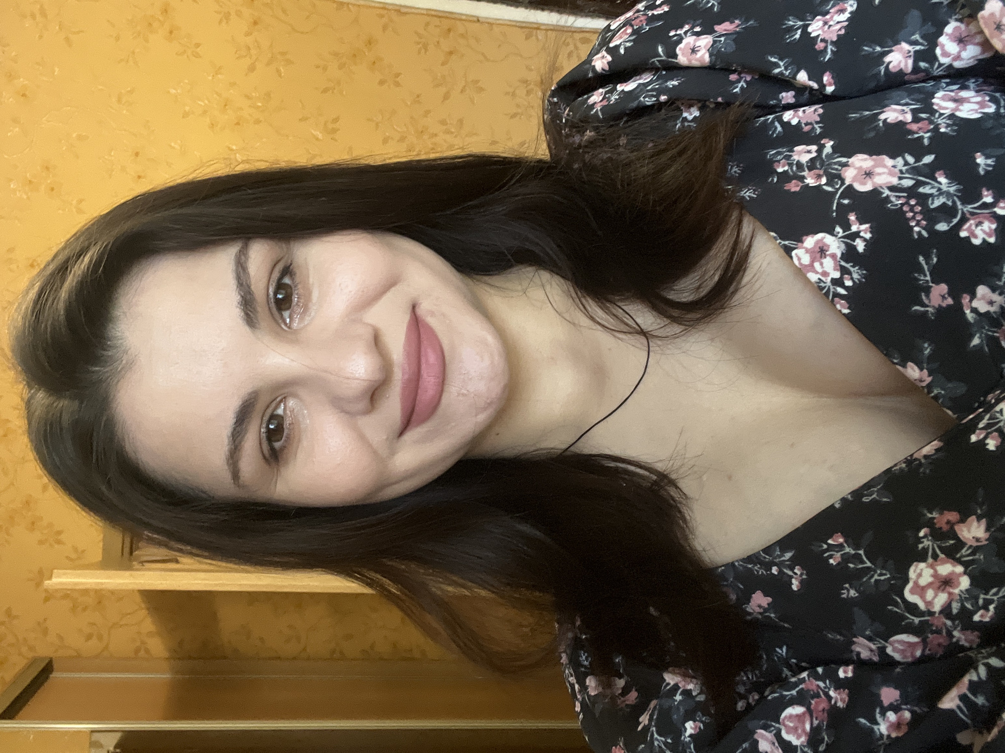 Black floral dress selfie session, various angles, cat included.