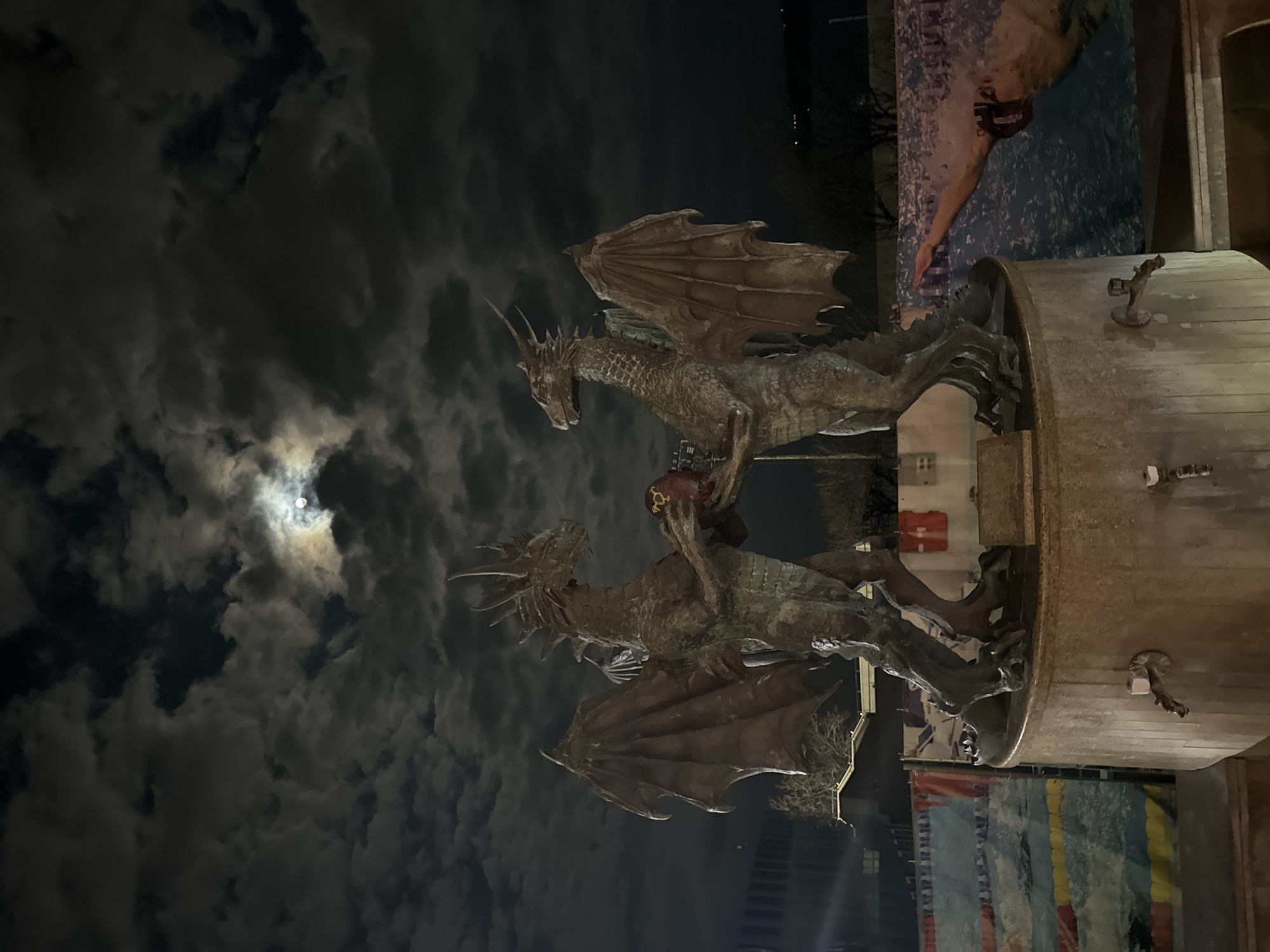 Bronze dragon monument photographed under moonlit sky in Varna