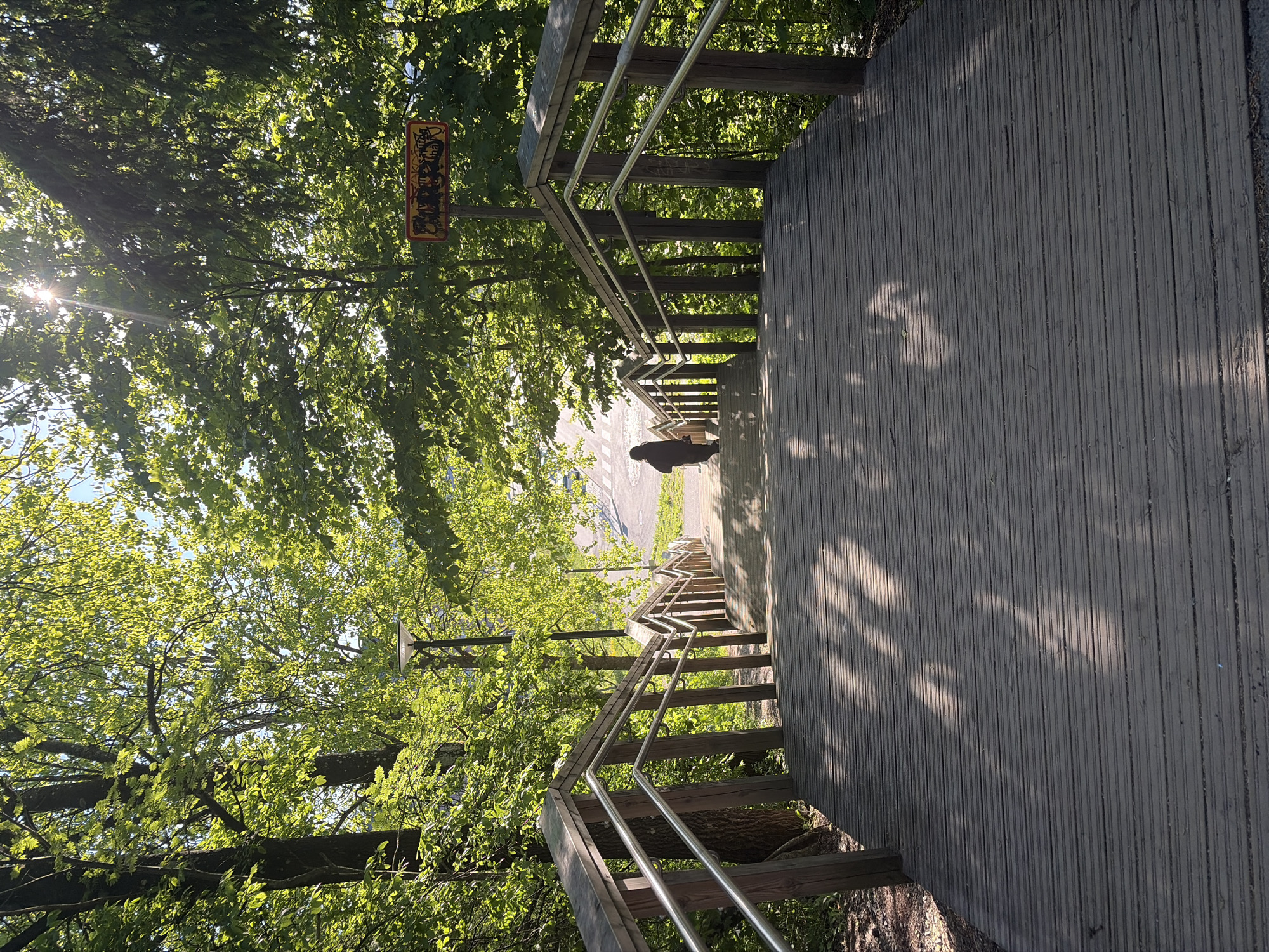 Sunlit wooden stairs captured in green Espoo neighborhood