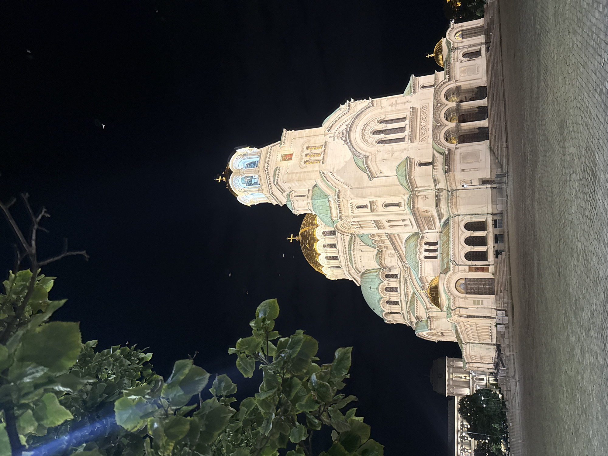 Sofia's Alexander Nevsky Cathedral lit up on a June night