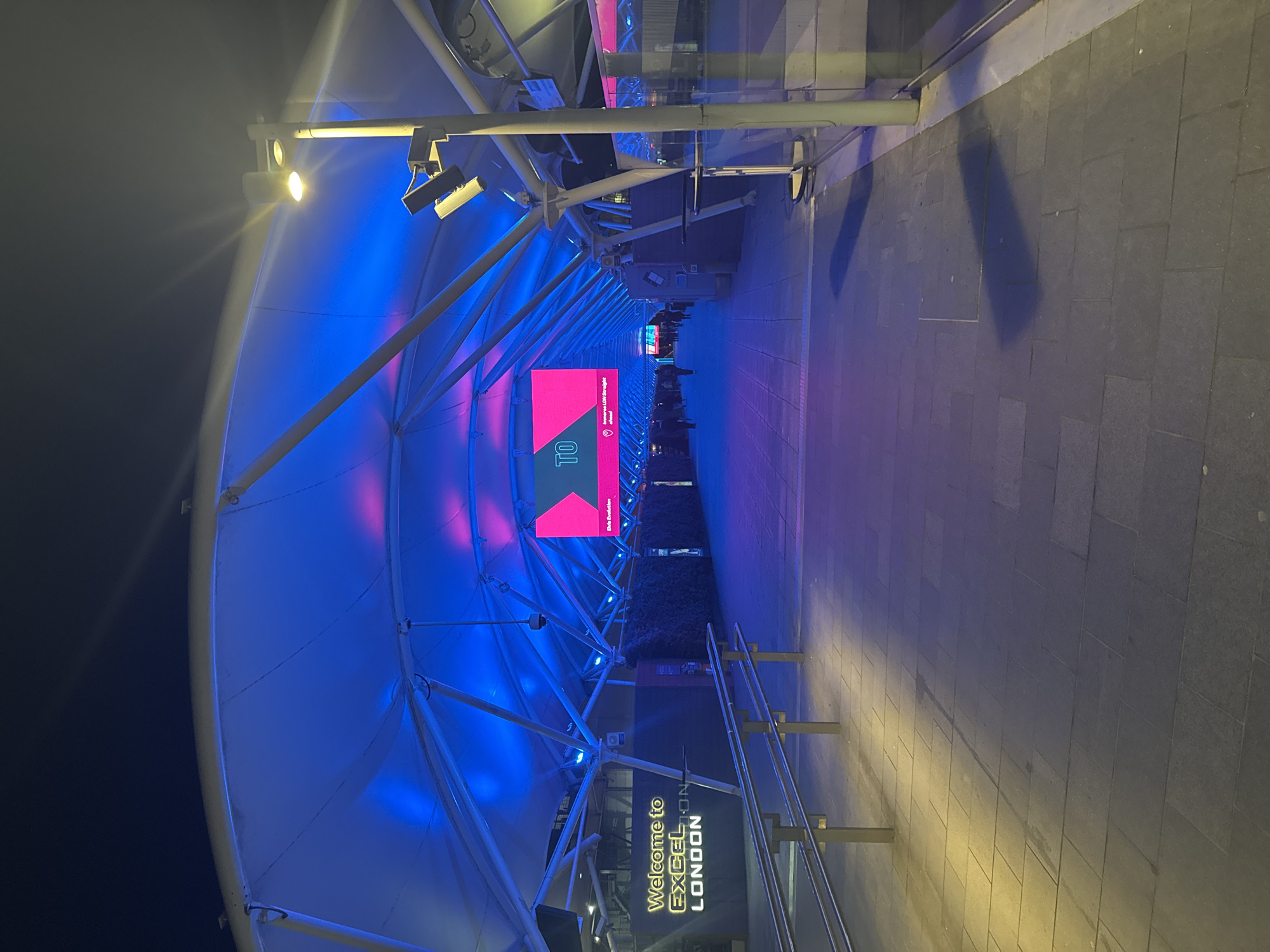 ExCeL London exhibition centre entrance photographed at night