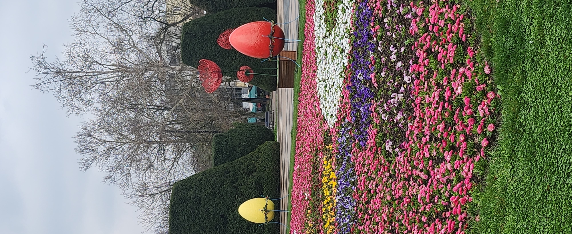 Easter decorations and spring landscaping observed in Ruse, Bulgaria