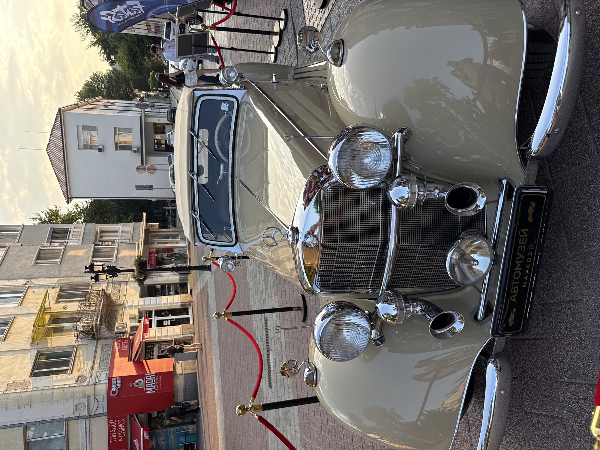 Vintage Mercedes convertible parked on Plovdiv's cobblestone streets