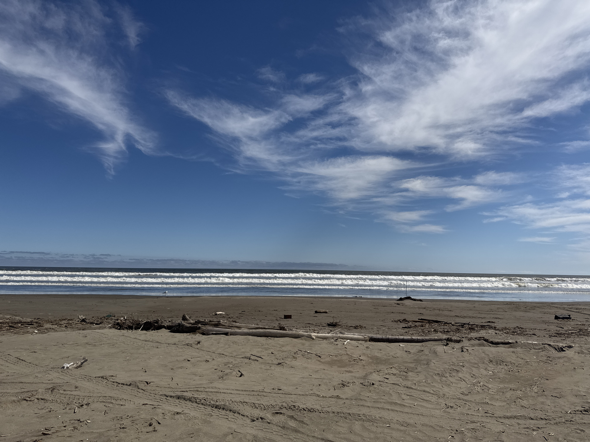 Sunny day on a dark-sand beach near Poronaysk, Sakhalin