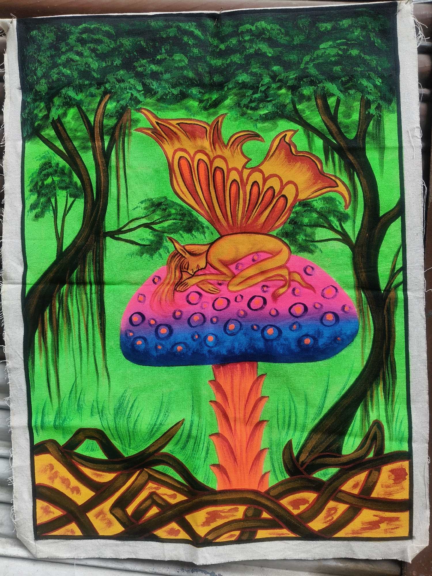 Surreal painting of a winged creature asleep on a vibrant mushroom