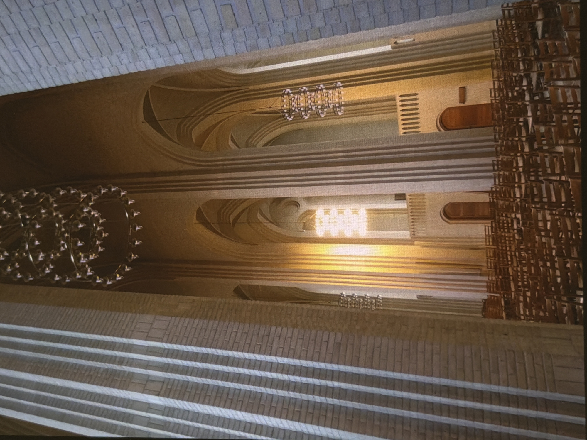 Inside Dresden's Frauenkirche, with chandeliers, columns, and oysters