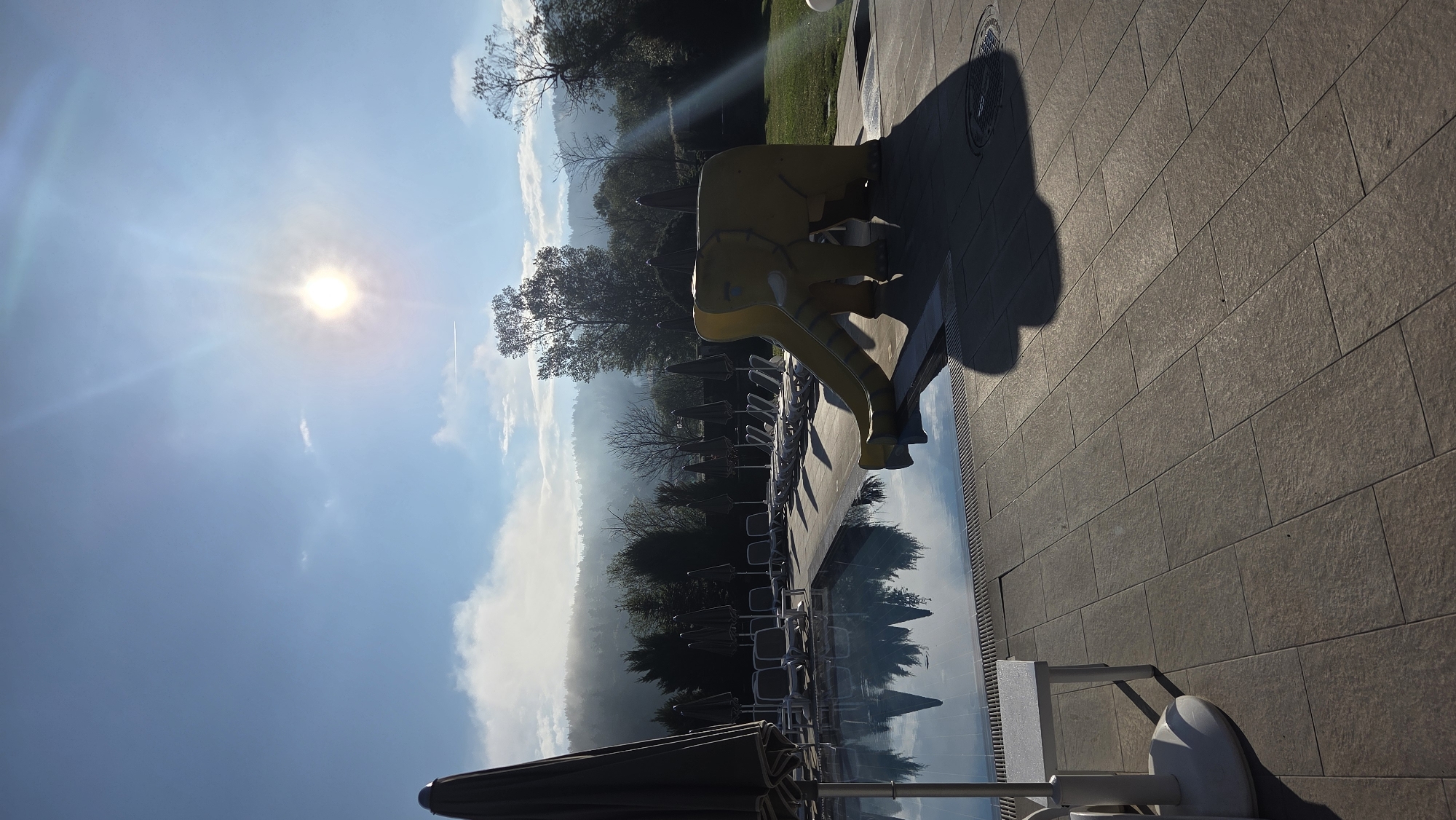Resort pool area with yellow elephant slide documented