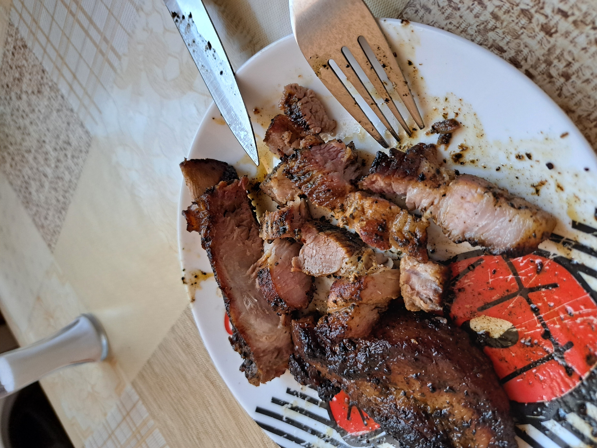Grilled pork meal documented during morning hours