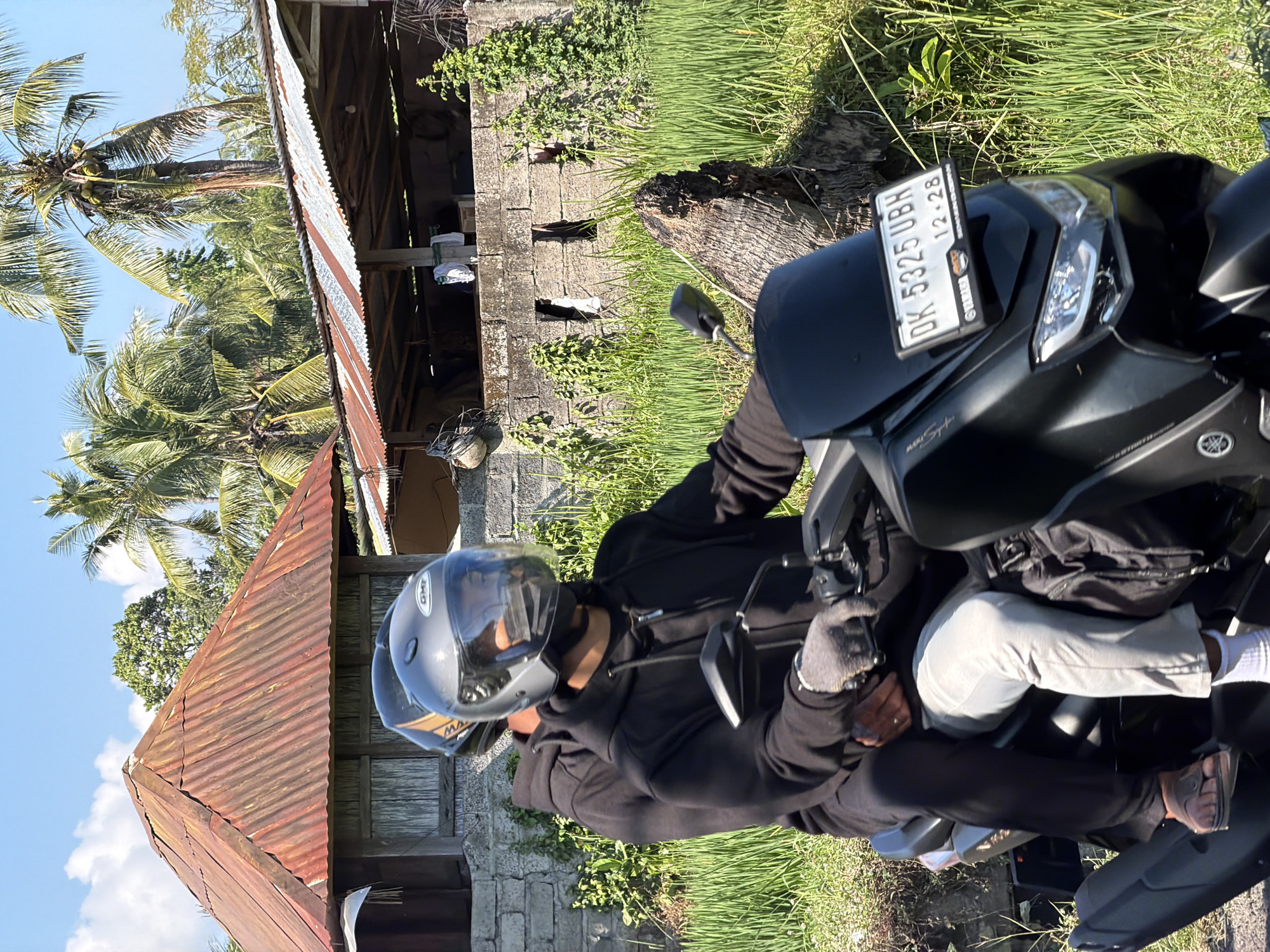 Rural Sawan: rice paddies, palm trees, and a passing motorcycle.