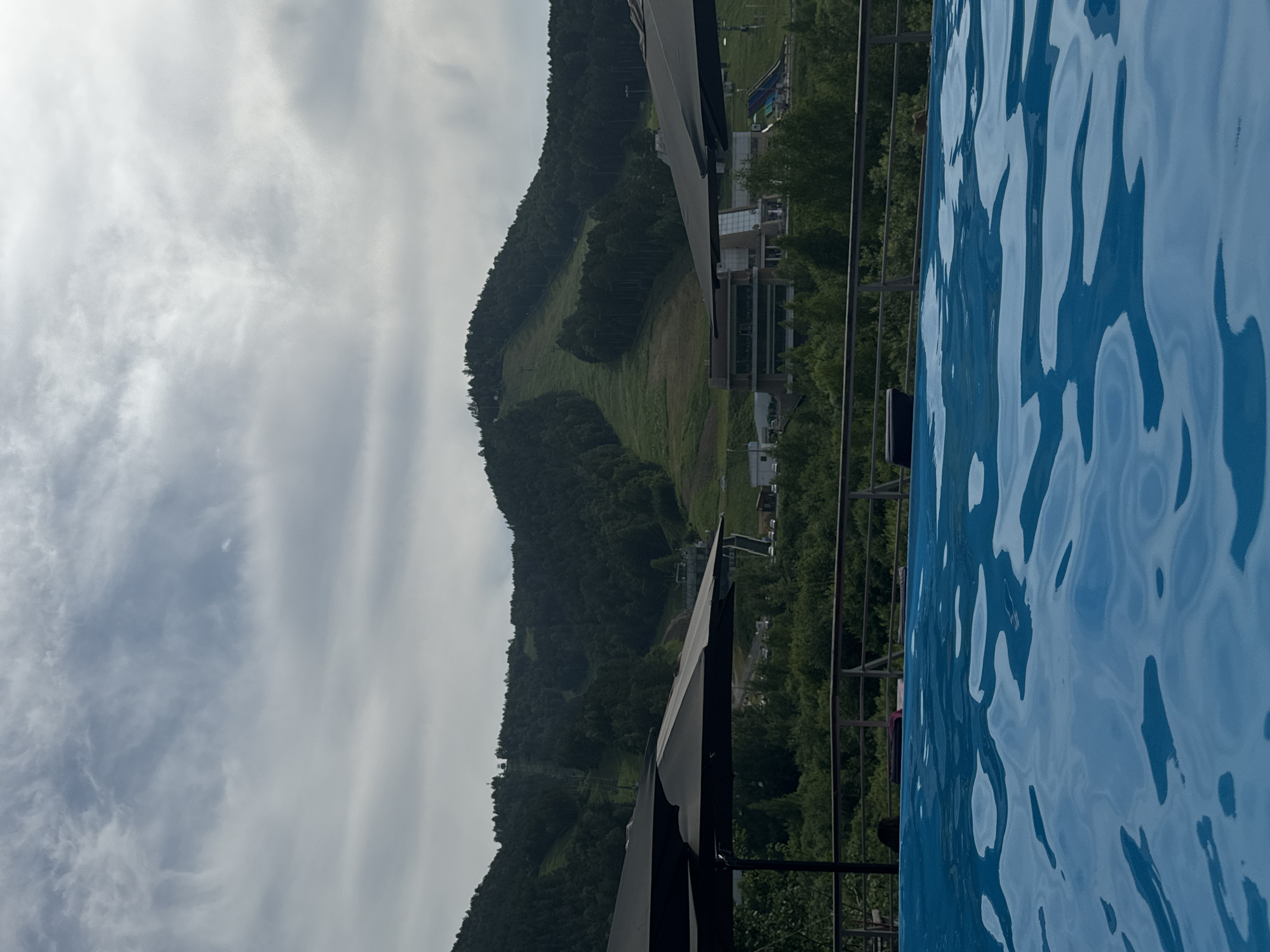 Outdoor pool and greenery on a cloudy Krasnoyarsk summer day