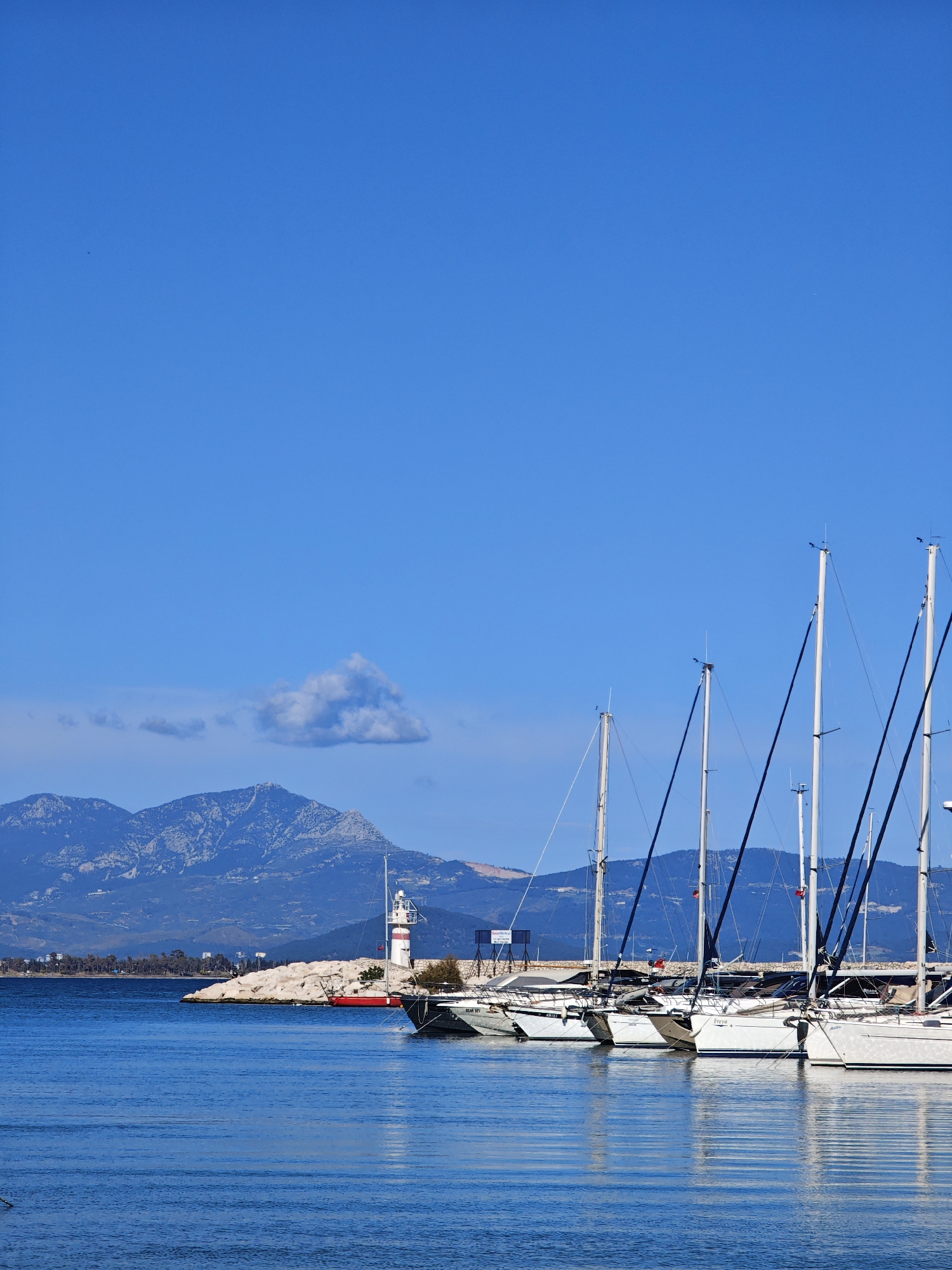 Sailboats docked at Finike marina under clear skies