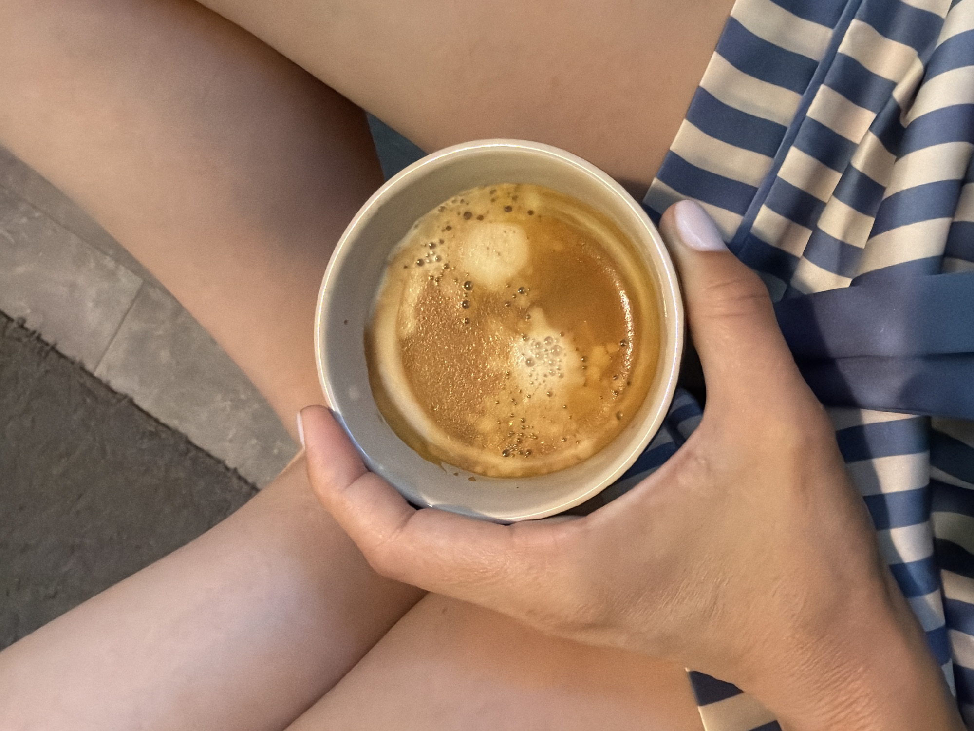 Slow morning breakfast in Pleven: espresso, yogurt, apricots