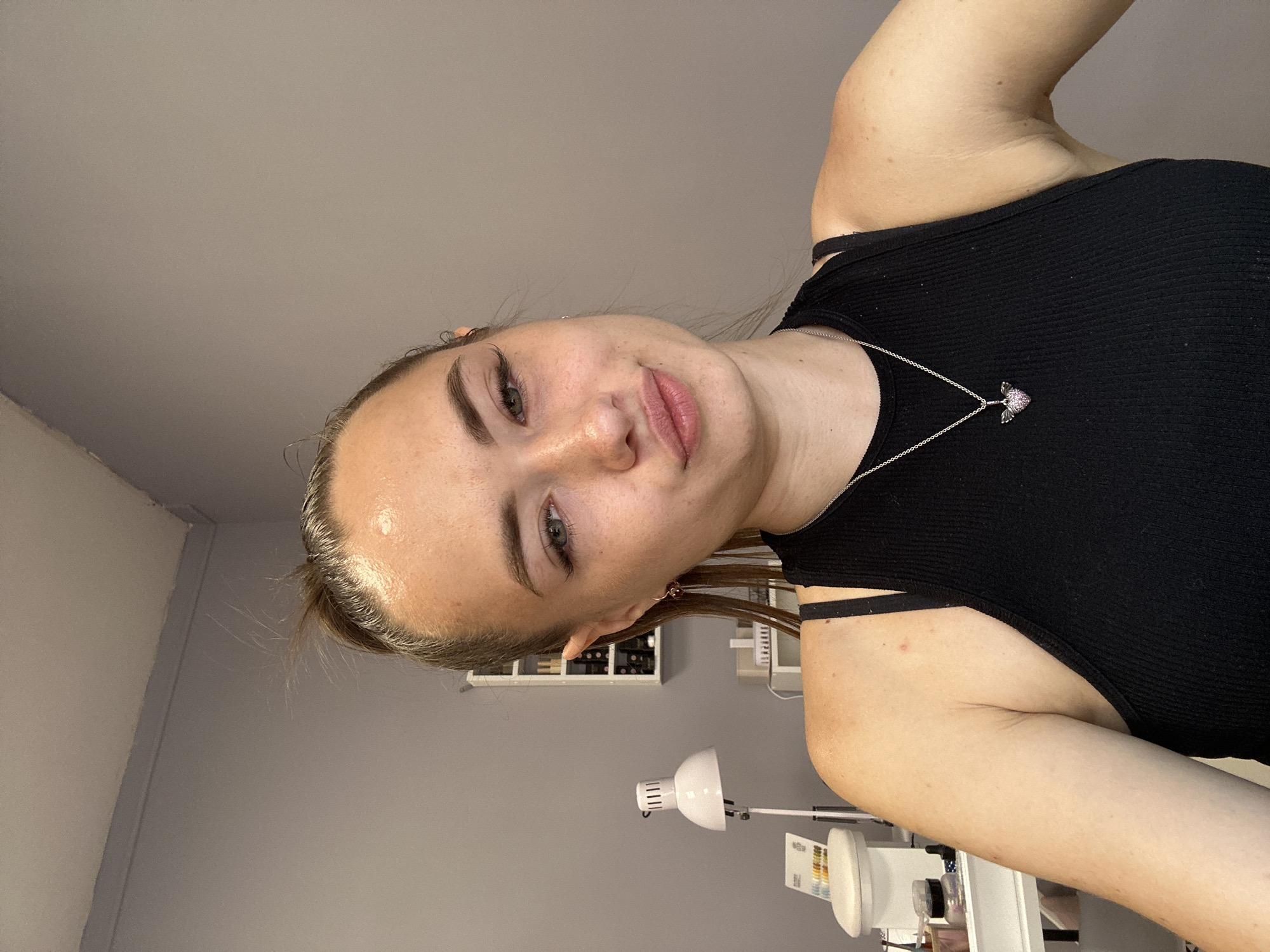 Quick selfie series, black tank and heart necklace