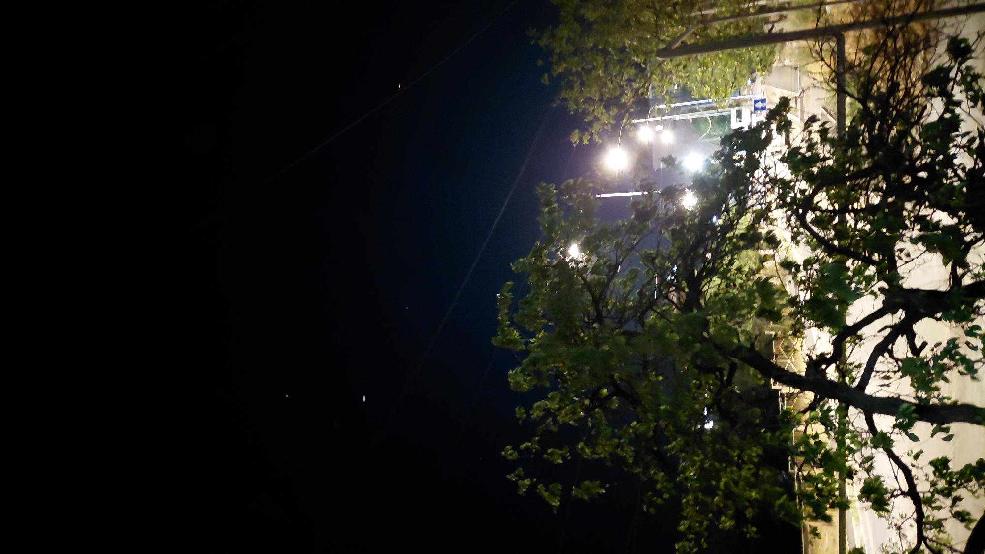 Nighttime street in Abovyan, Armenia, seen through tree canopies