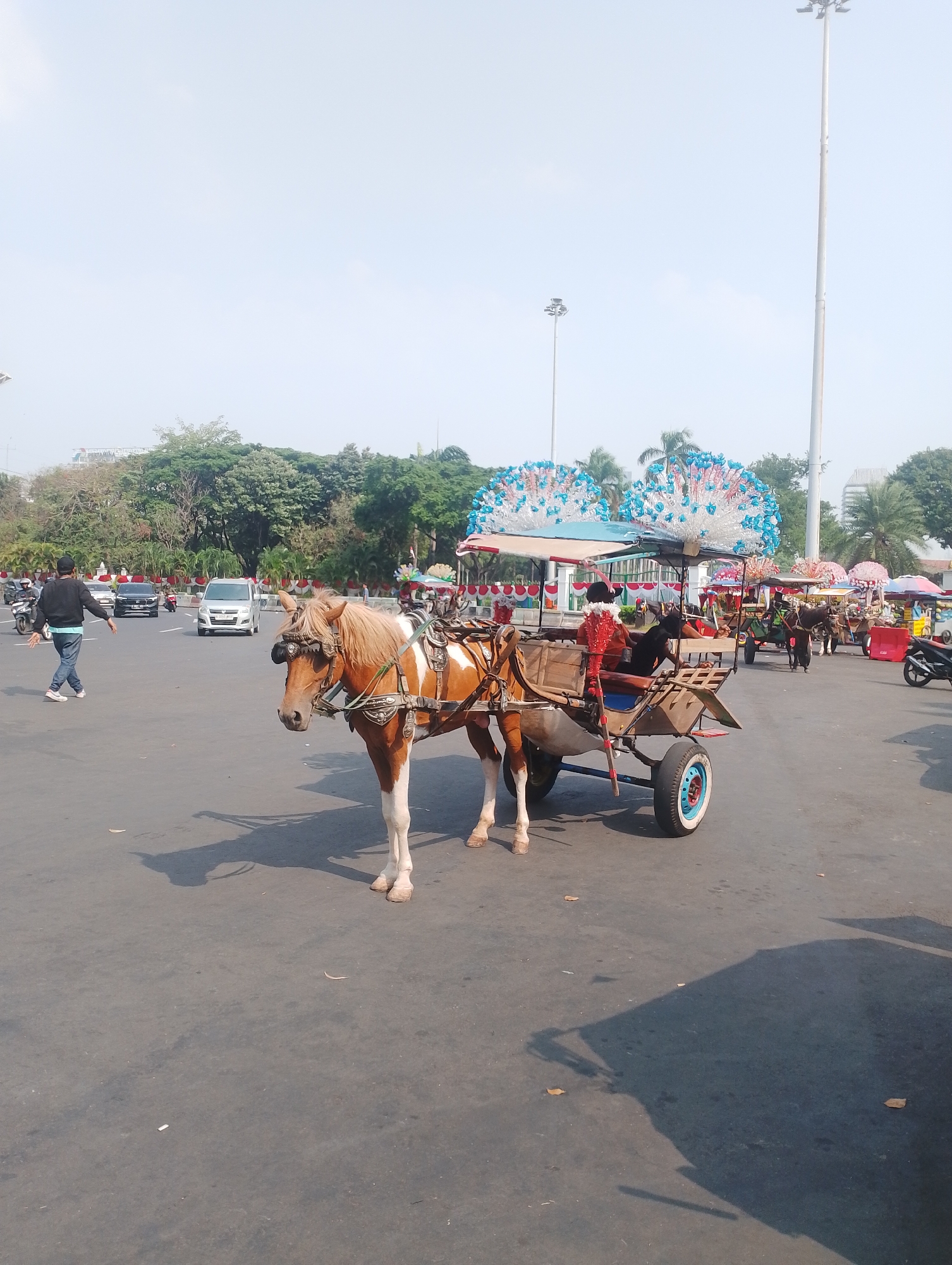 Horse-drawn carriages and a vintage Bemo on Jakarta streets