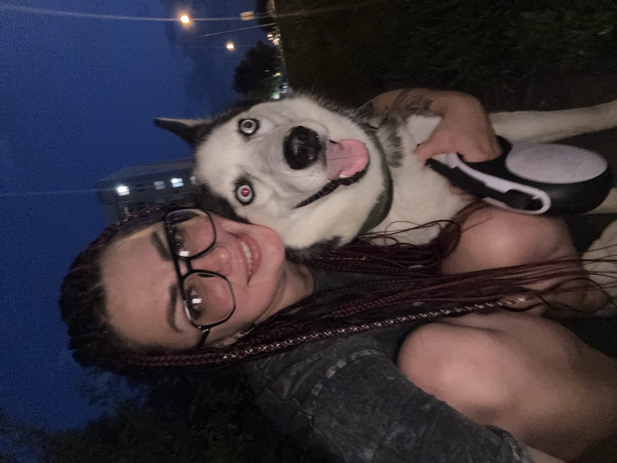 Dusk selfies with a husky dog in urban Tolyatti