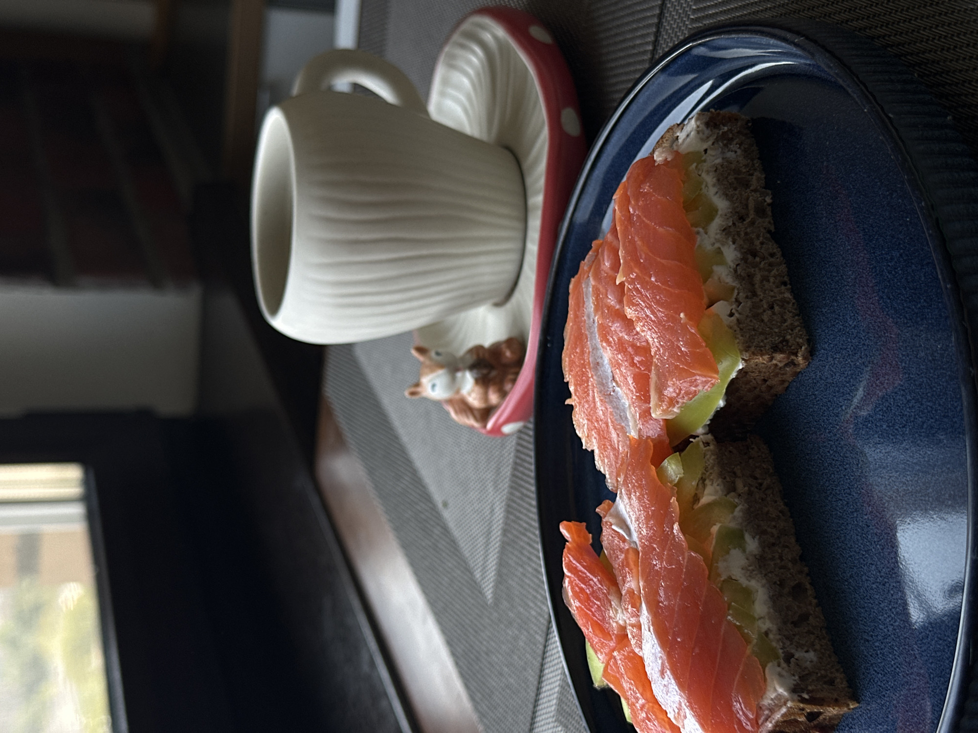 Quiet Khimki morning: salmon sandwiches, coffee, and city views