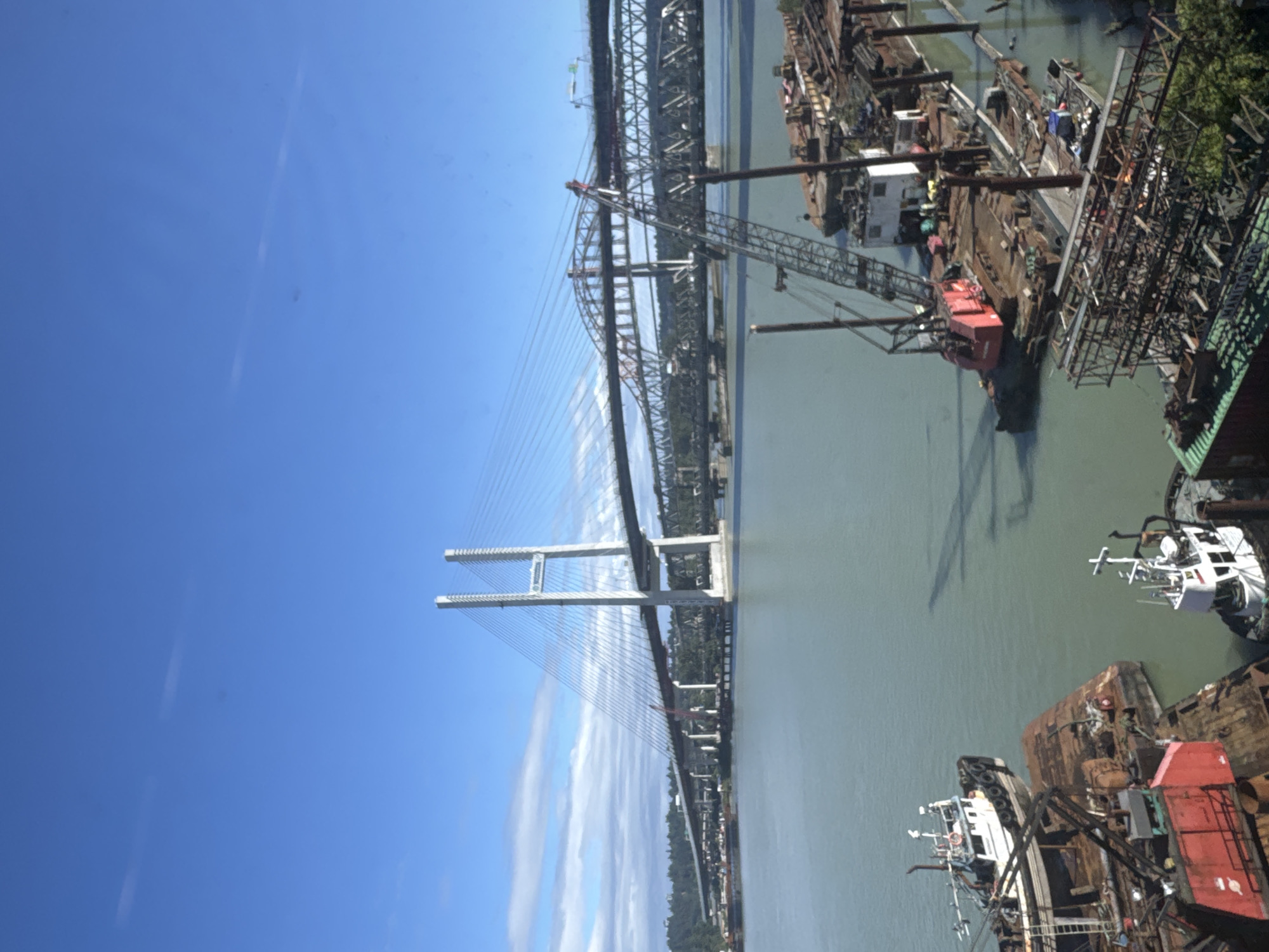 Fraser River and Alex Fraser Bridge from above and trackside