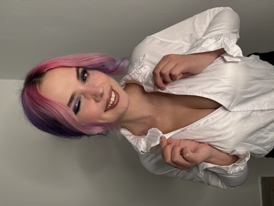 Woman with colorful hair photographed in Zagreb before job interview