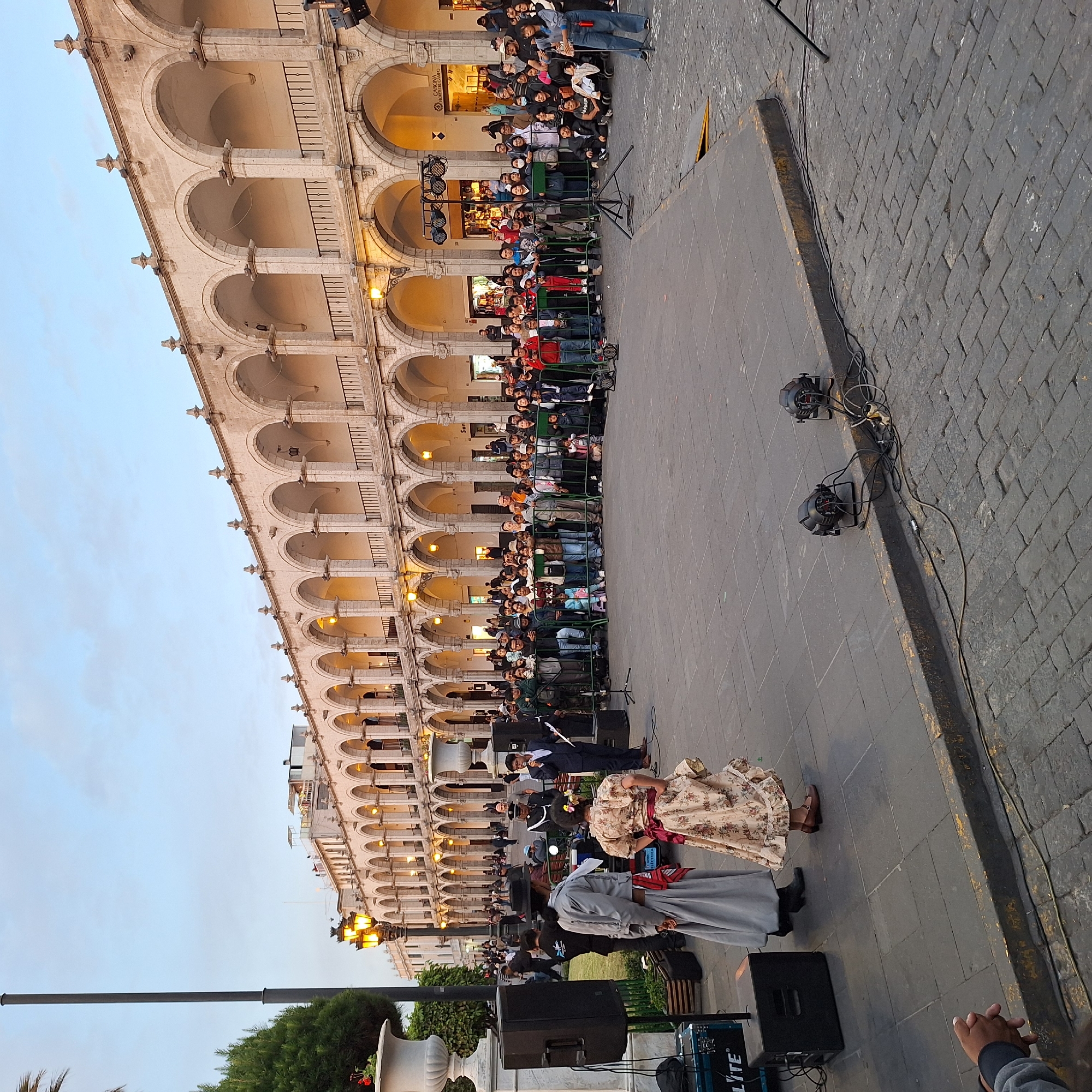 Traditional dancers perform for crowd in Arequipa plaza