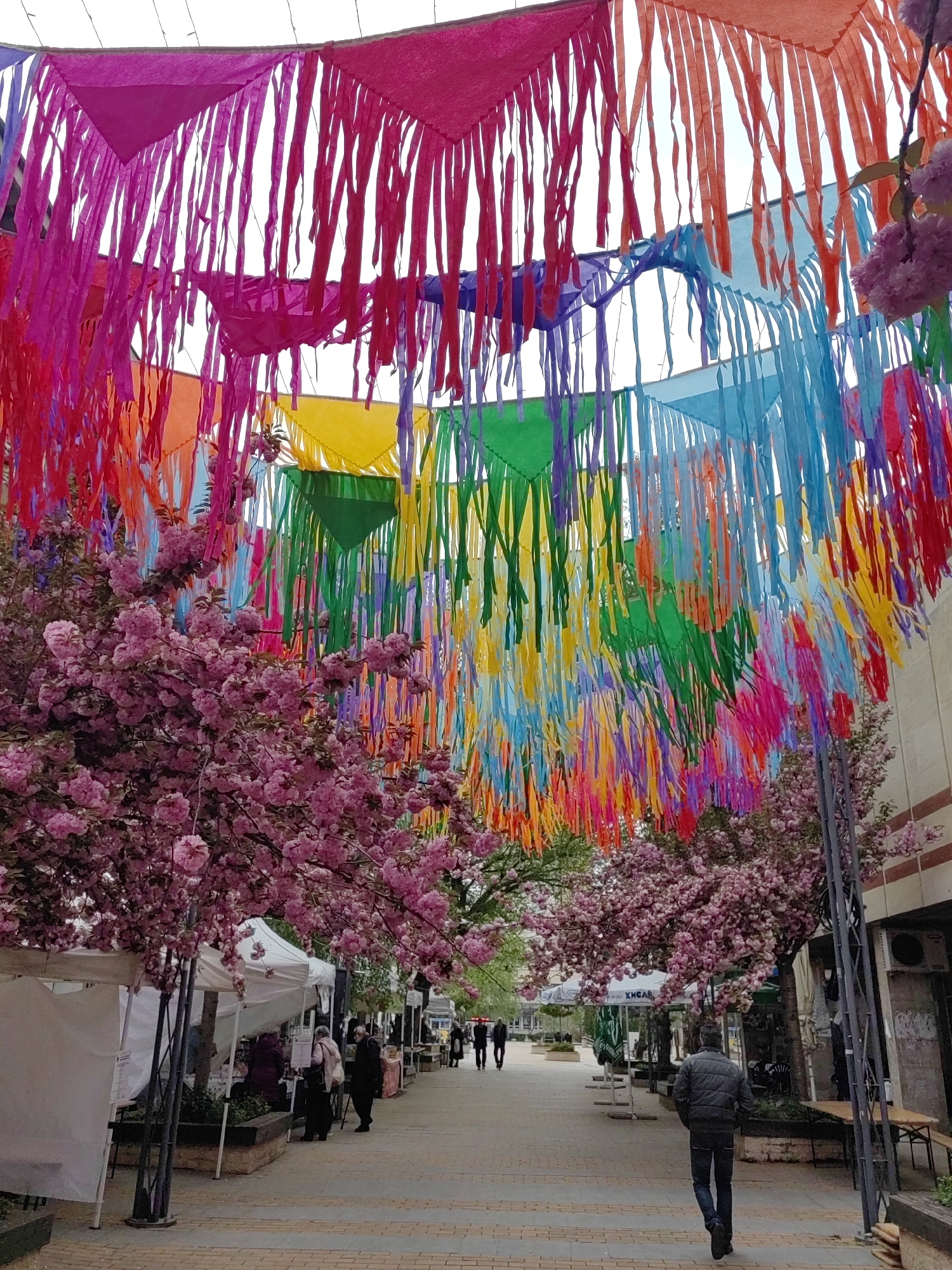 Colorful festival decorations observed on Bulgarian pedestrian street