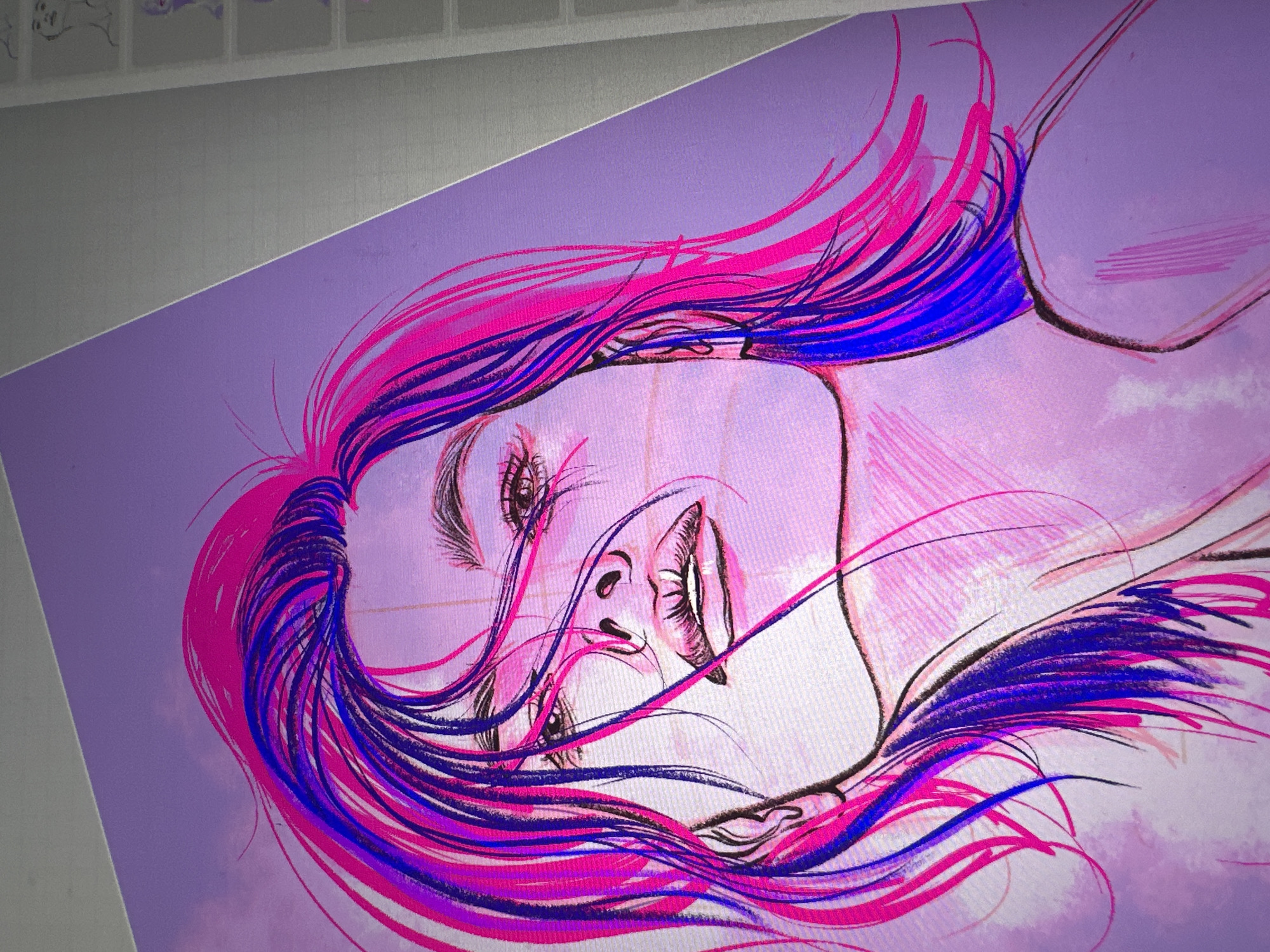 Digital portrait illustration built up in pink and purple hues